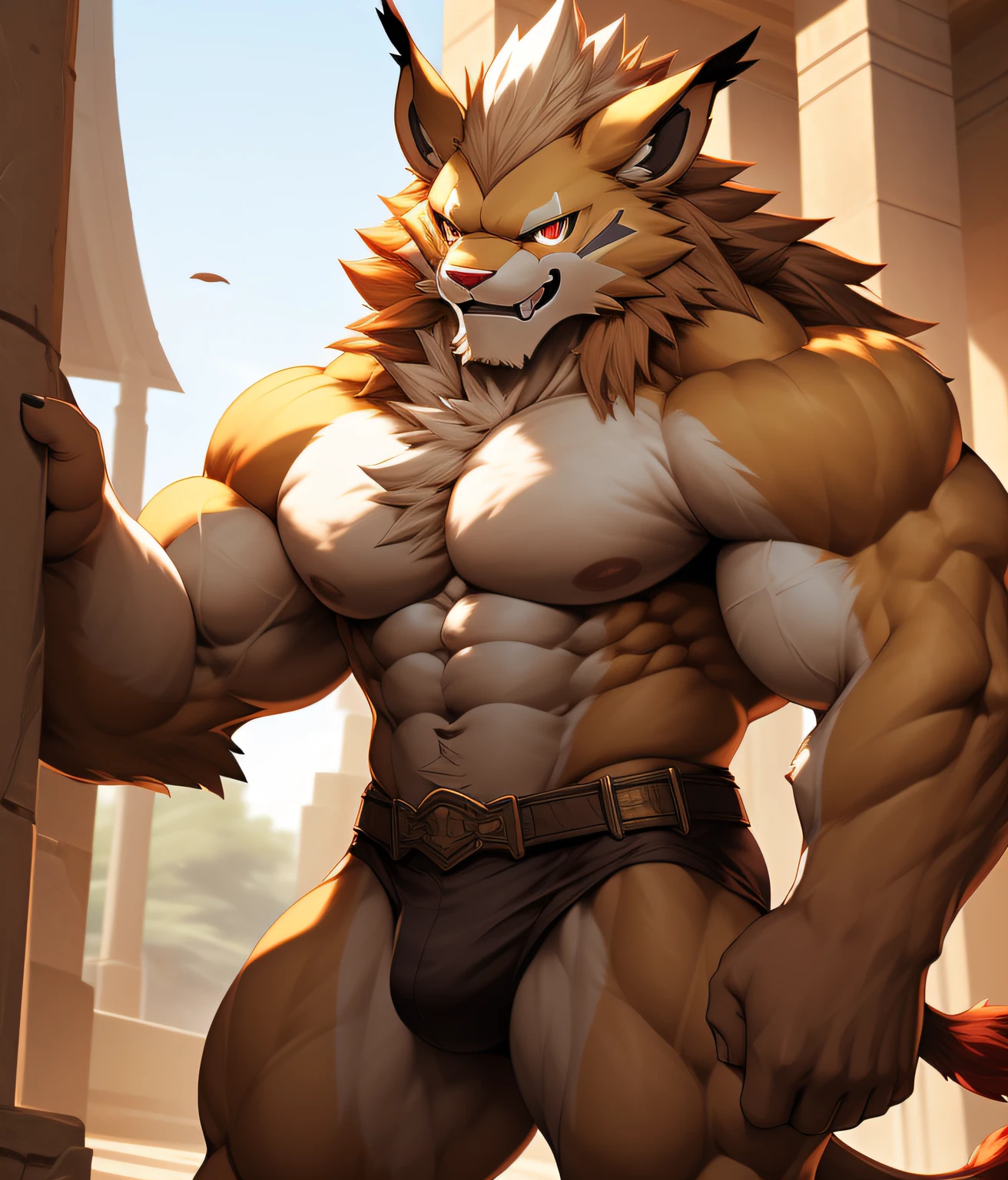 nj5furry, FRONT, (Leomon, massive, huge, young face, ), Leomon, ((extremely realistic shadows, masterpiece, extremely detailed, photorealistic)), kemono, young, teen16 years)), (((BROWN FUR))) Leomon, ((detailed face)) red nose, red eyes, ((detailed eyes)), smile, cheeky smile, mischievous expression, white teeth, mouth slightly open, red tongue, brown skin, brown fur, brown hair, height 3 meters high, the optimal height, tight clothing, body full of muscles; muscle pecs, ripped abs, V-shaped body, thick waist, long legs, strong arms manly, handsome face, attractive cool calm face type with a cold smile, topless. Ruins of a Jedi temple behind him; bulge in the crotch, wears a tiny tight thong that reveals huge, muscular thighs and a light brown fabric belt. double biceps pose, biceps, looking at viewer. (((same seed pose: 601129270)))
