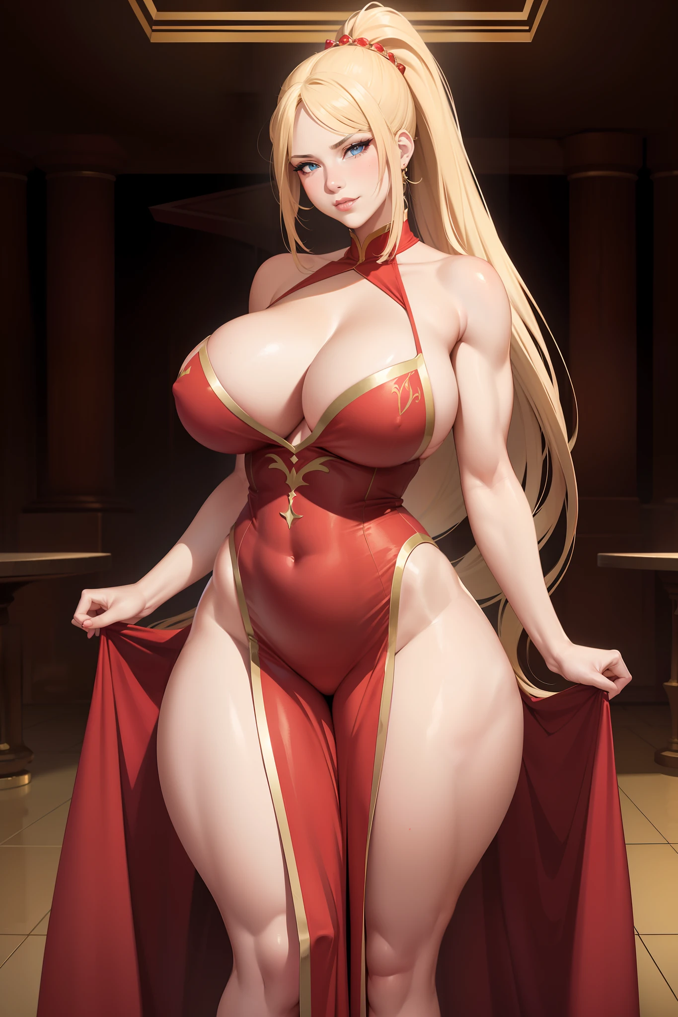 hyper realistic, attractive woman, giant breasts, thick waist, blonde long hair, ponytail, palace setting, sexy, perfect face, bar setting, pear shaped body, thick, seductive face, smirk, caucasian, tight red long dress, hand on hips, very sharp jawline, bending over, blue eyes, muscular