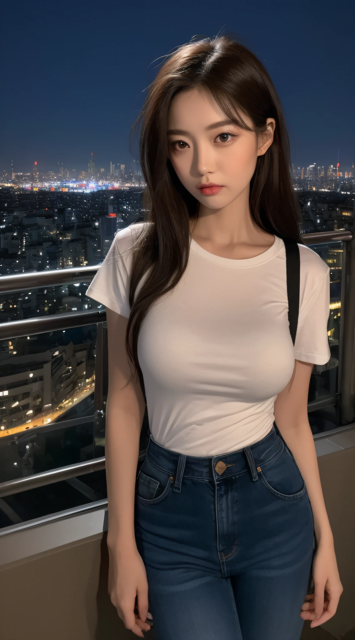 ((Midnight, Best quality, 8k, Masterpiece :1.3)), Whole body, Long legs, Sharp focus :1.2, A pretty woman with perfect figure :1.4, Slender abs :1.1, ((Dark brown hair, Big breasts :1.2)), (White tight tshirt, Jean bib, Standing:1.2), ((Night city view, Rooftop:1.3)), Highly detailed face and skin texture, Detailed eyes, Double eyelid