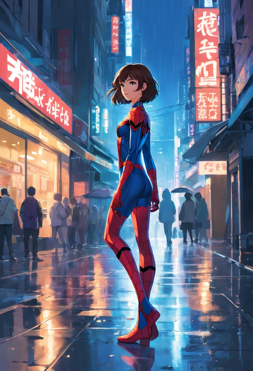 masterpiece, best quality, Spider-Man из Marvel Comics, full body armor, solo, blue and white, midnight, dark, neon street, cityscape, cyberpunk, vector illustration, heavy rain