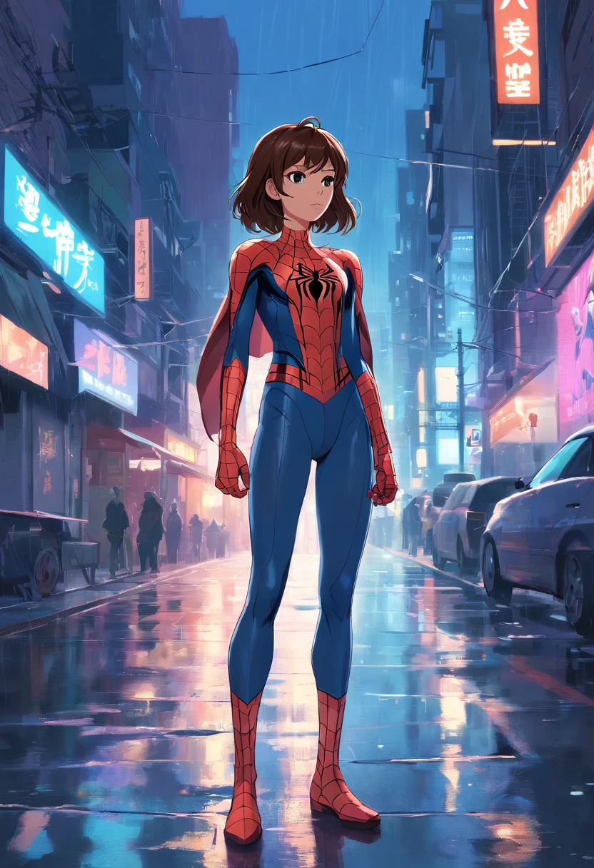masterpiece, best quality, Spider-Man из Marvel Comics, full body armor, solo, blue and white, midnight, dark, neon street, cityscape, cyberpunk, vector illustration, heavy rain