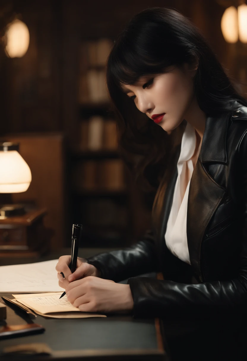 Black leather gloves in both hands, upper body, black leather rider's jacket, writing a letter with a fountain pen at the desk, black hair, long straight, young Japanese woman