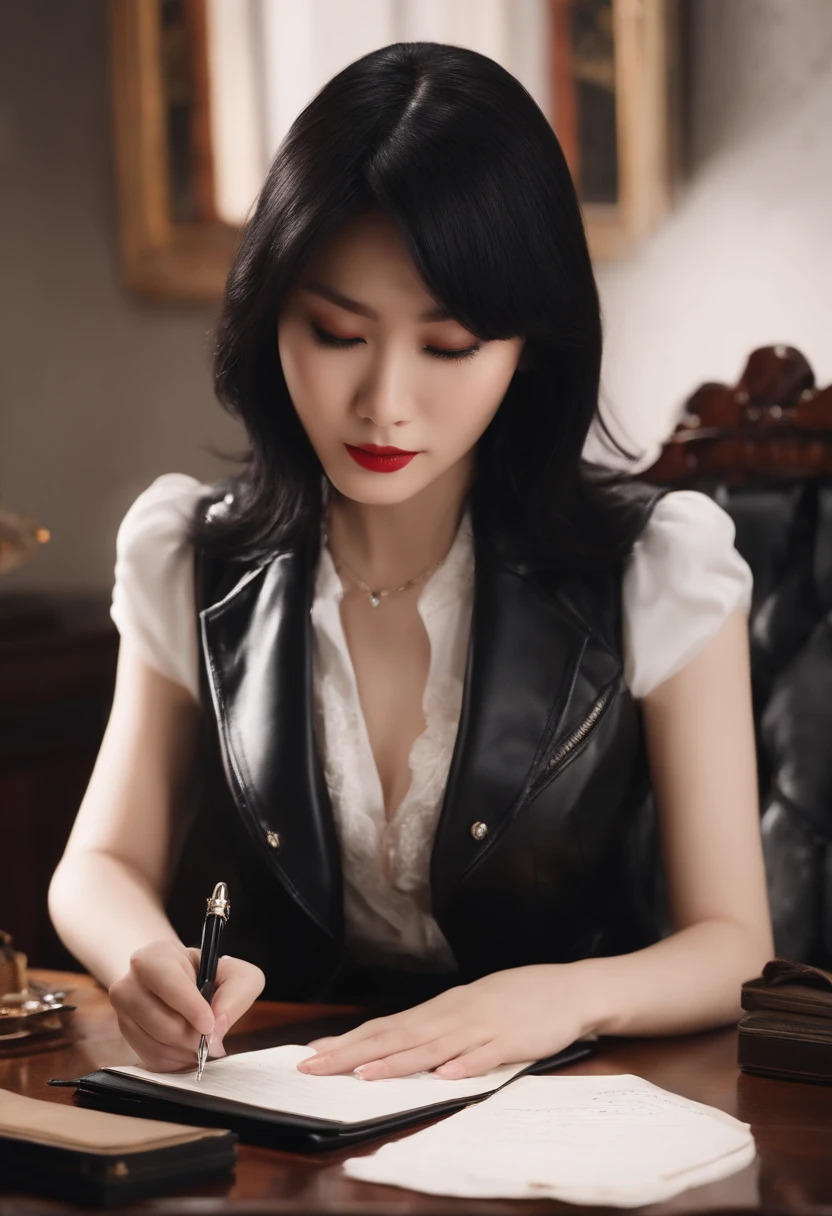 Black leather gloves in both hands, upper body, black leather rider's jacket, writing a letter with a fountain pen at the desk, black hair, long straight, young Japanese woman