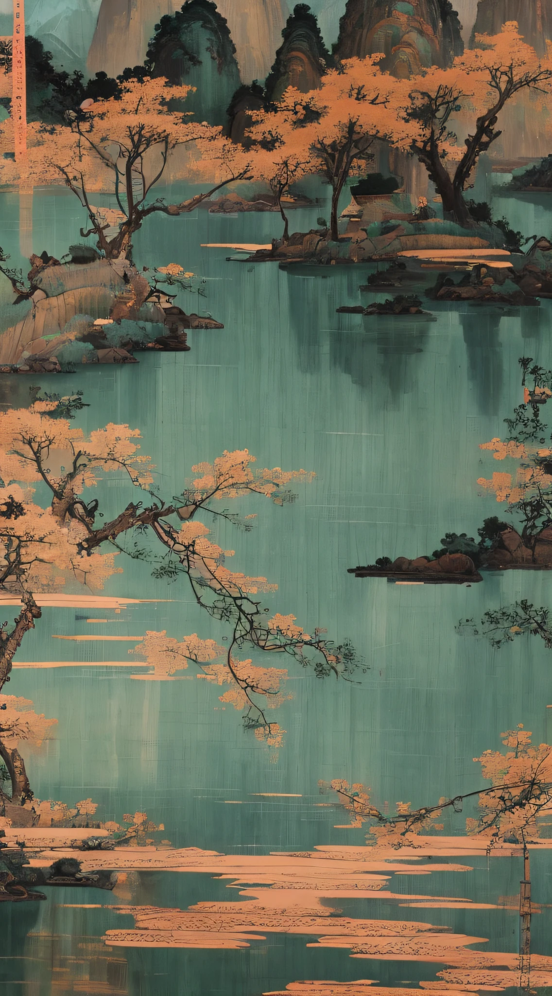 (masterpiece:1),(best quality:1),Chinese landscape resin sheet, Chinese Song Dynasty landscapepainting, dark green and lighe pink  main tone, surrealist dream style, eream organic fluid, light tracking environment occlusion, hazy, natural light, lime orange tone, gel resinsheet, cad, oc rendering