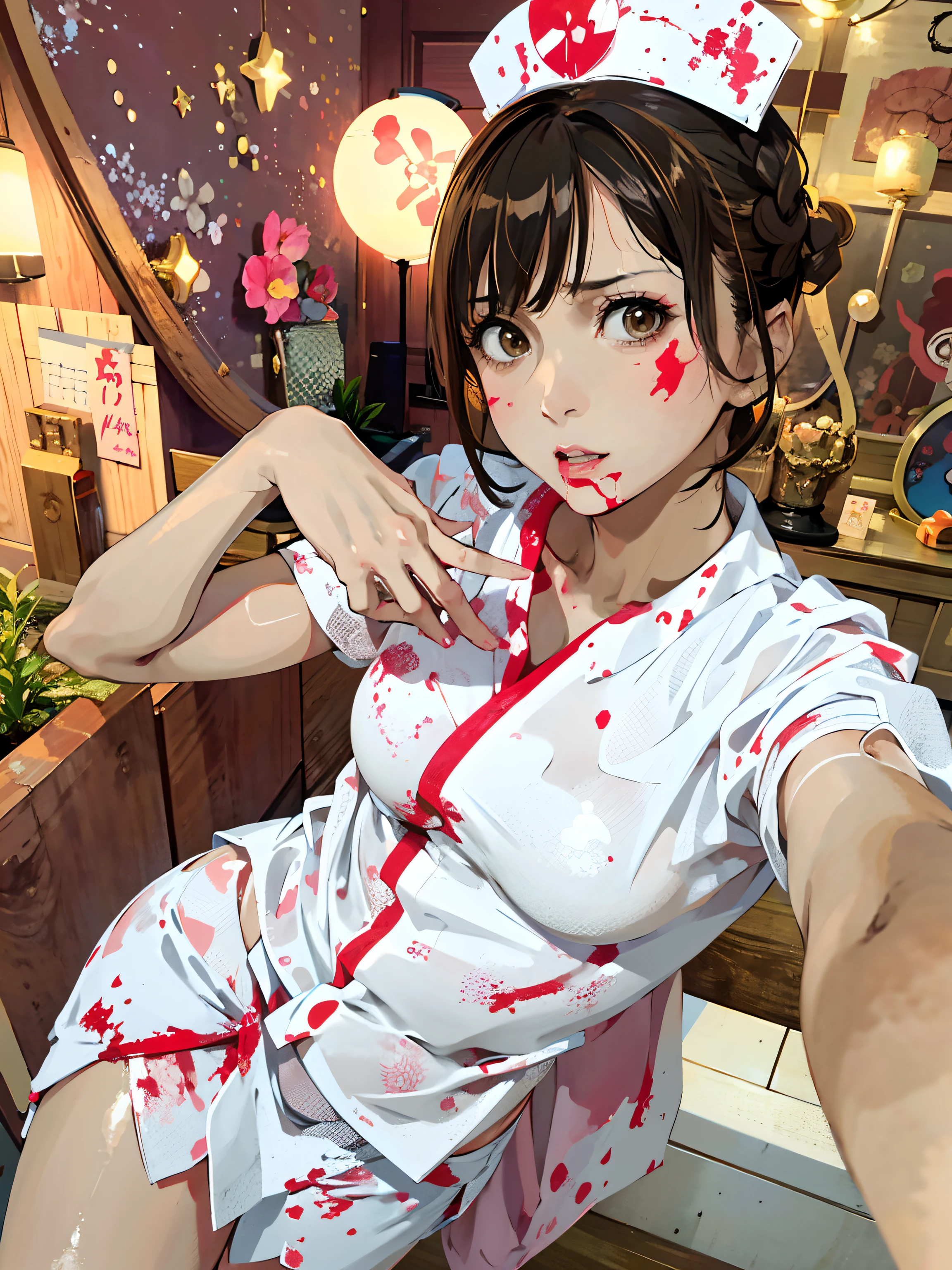 Alaf in nurse costume posing for photo, close - fitting nurse costume, deayami kojima, Nurse Costume, けもの, blood on body, Blood splatters on the sides, Blood on clothes or face, Bloody, Ayami, 奈良美智, ayami koj ima