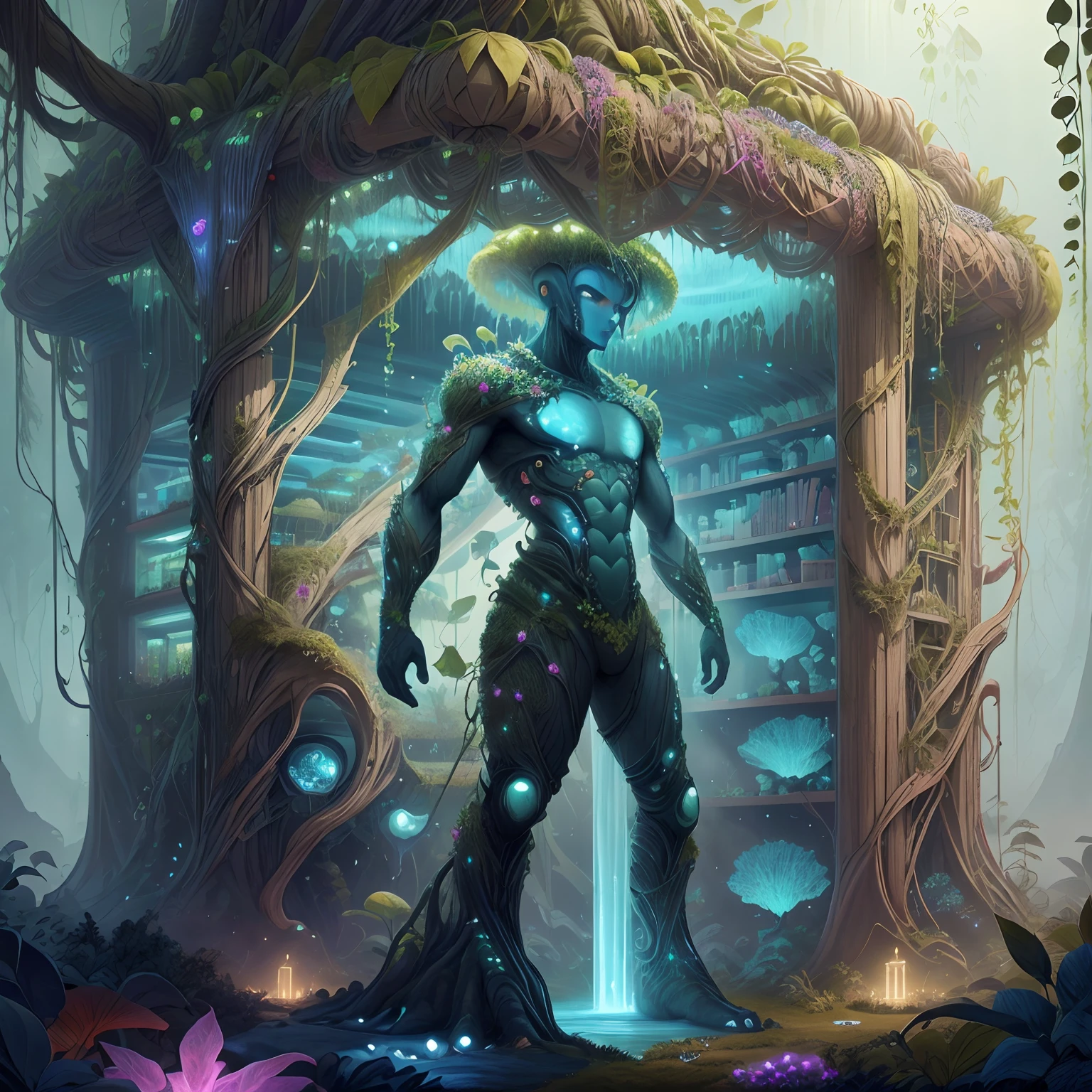 masterpiece, BiophyllTech, bioluminescent ,fully-organic, utopia, scholar , scroll, 1boy, blue skin, alien