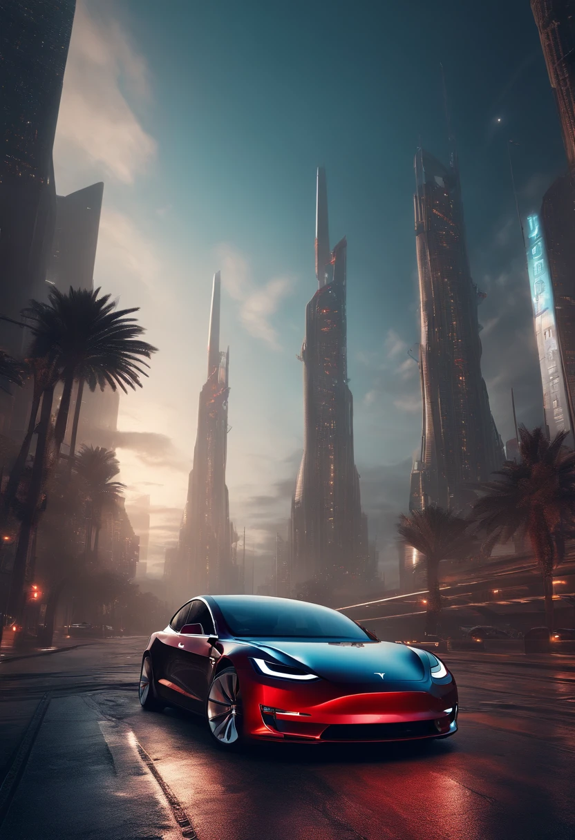 Cyberpunk-city, Tesla 3 body, Tesla logo, Tesla wheels, Drive on the road, Side, Ultra HD, High quality, High detail, Best quality, A high resolution, 4K, Masterpiece, Complementary colors, Poster effect, kanon, Atmospheric distance