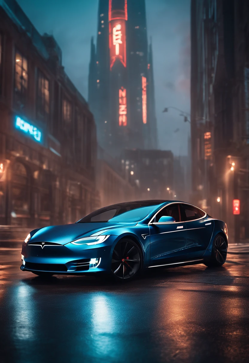 Cyberpunk-city, Tesla 3 body, Tesla logo, Tesla wheels, Drive on the road, Side, Ultra HD, High quality, High detail, Best quality, A high resolution, 4K, Masterpiece, Complementary colors, Poster effect, kanon, Atmospheric distance