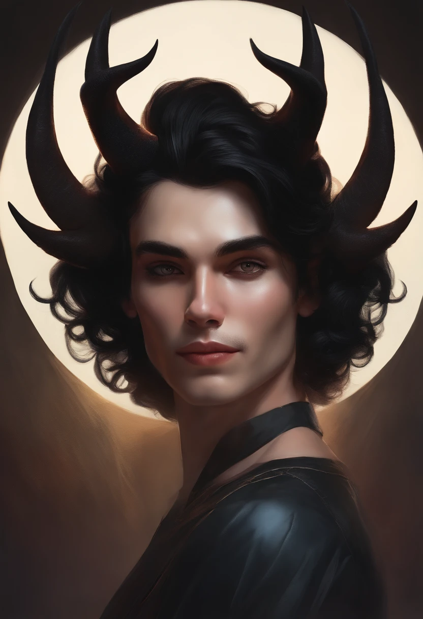 Black hair, short ponytail hair, widow peak, angelic halo, devil horns, Multicolored eyes, Pointy ears, Smile, Young man, conceptual art, Realism, Chiaroscuro, Anatomically correct, Textured skin