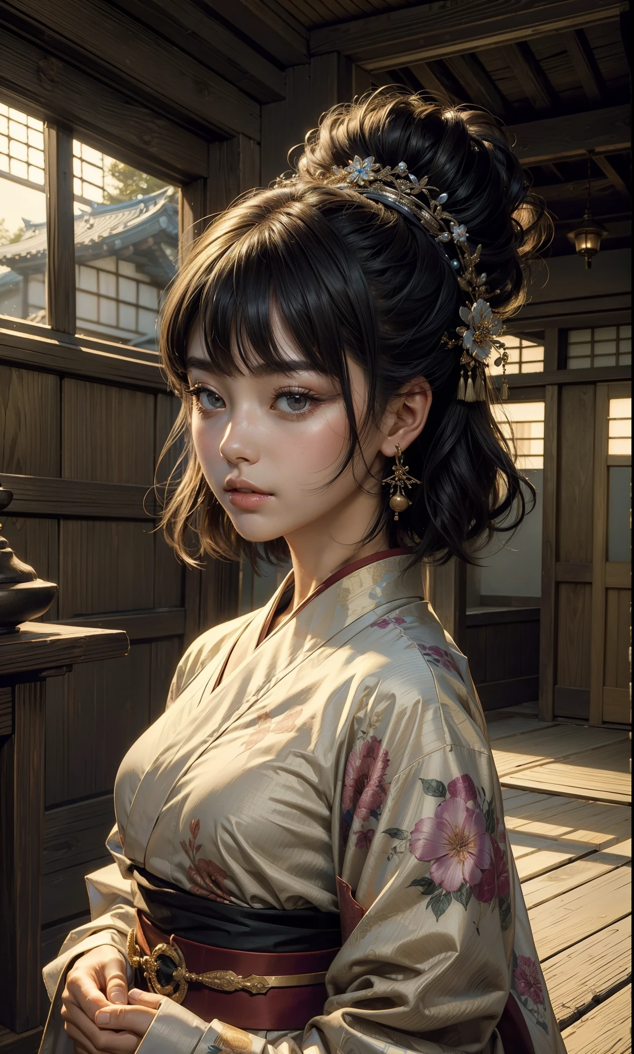 ((top-quality、masterpiece:1.3))、sharp:1.2、Perfect Body Beauty:1.4、((Layered hairstyle))、(Kimono:1.1)、(shrines:1.2)、Highly detailed facial and skin texture、Detailed eye、二重まぶた、((short-length hair))、boyish、Cool、((unisex))、big eye、bangss、((One Woman))、Black eyes、tying hair、hair adornments、