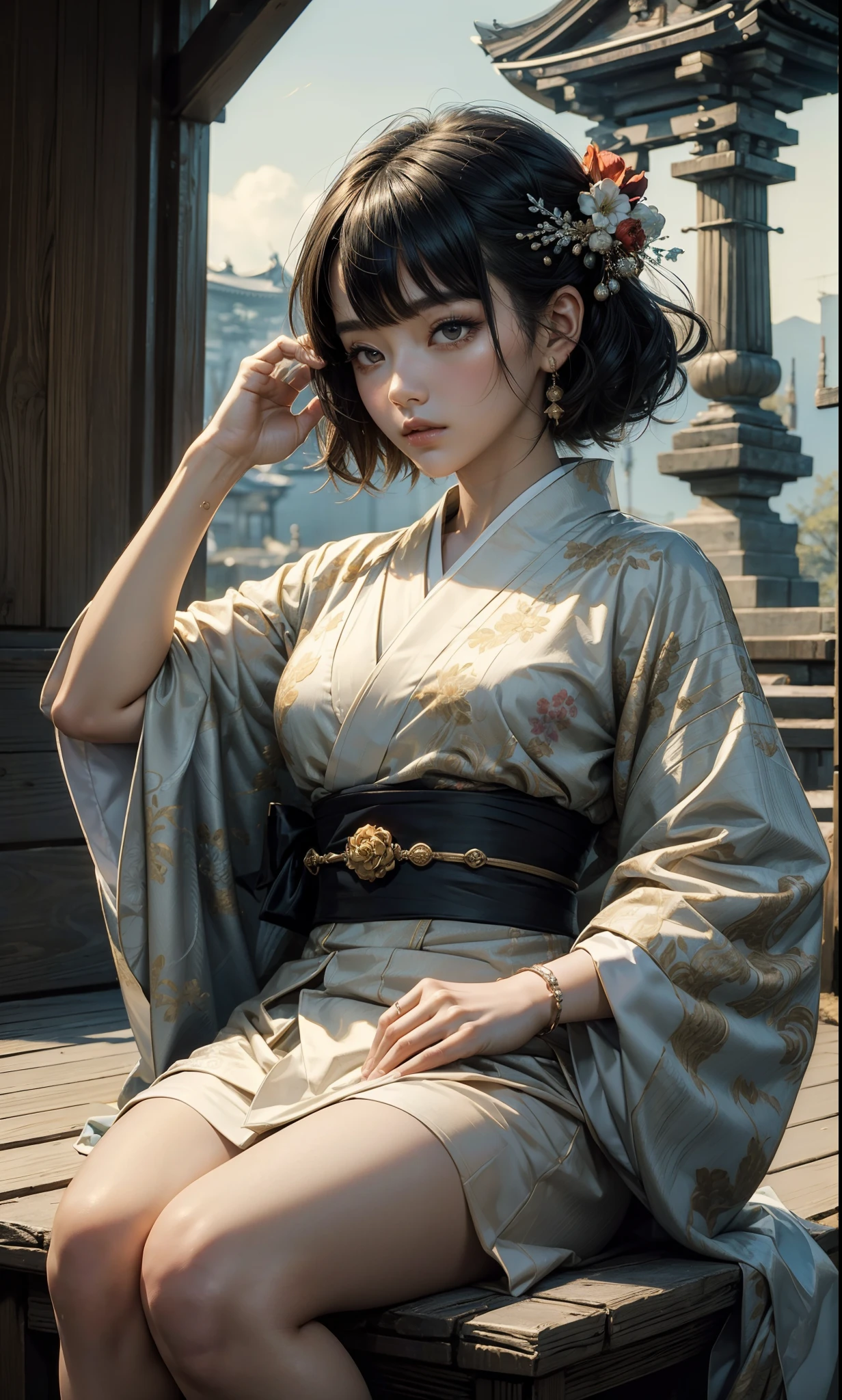 ((top-quality、masterpiece:1.3))、sharp:1.2、Perfect Body Beauty:1.4、((Layered hairstyle))、(Kimono:1.1)、(shrines:1.2)、Highly detailed facial and skin texture、Detailed eye、二重まぶた、((short-length hair))、boyish、Cool、((unisex))、big eye、bangss、((One Woman))、Black eyes、tying hair、hair adornments、