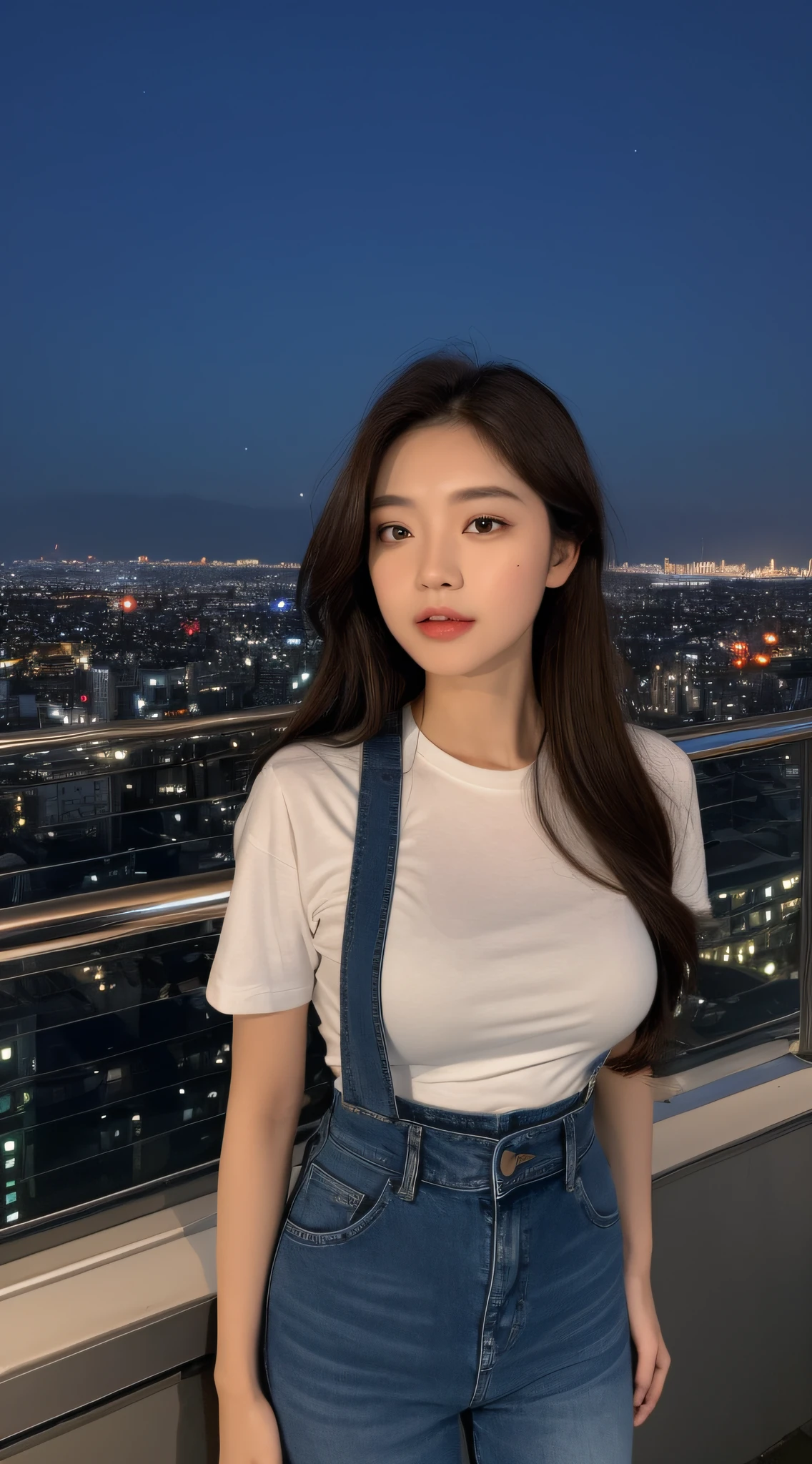 ((Midnight, Best quality, 8k, Masterpiece :1.3)), Whole body, Long legs, Sharp focus :1.2, A pretty woman with perfect figure :1.4, Slender abs :1.1, ((Dark brown hair, Big breasts :1.2)), (White tight tshirt, Jean bib, Standing:1.2), ((Night city view, Rooftop:1.3)), Highly detailed face and skin texture, Detailed eyes, Double eyelid