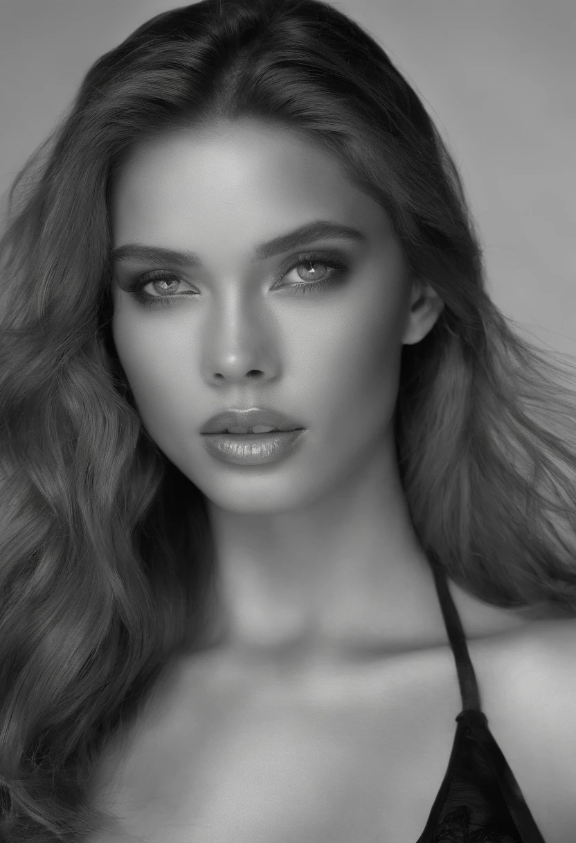 In a dimly lit studio, a seductive model exudes confidence and allure as she poses with grace, wearing a form-fitting black shirt. Her captivating gaze draws you in, enhanced by the play of shadow and light that adds depth and realism to the image. The meticulous attention to detail brings out the textures of the fabric, revealing its sleekness and creating a tangible sense of touch. This compelling portrait focuses on the model's sensual appeal, highlighting her beauty in a refined and sophisticated manner.