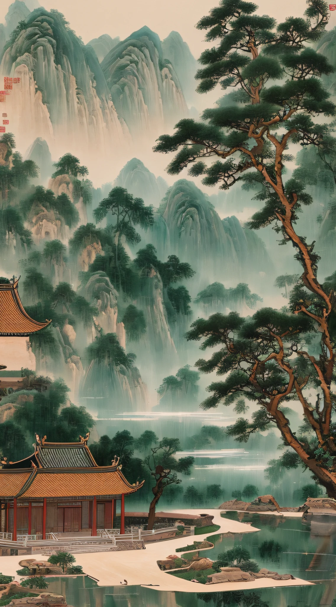 (masterpiece:1),(best quality:1),Chinese landscape resin sheet, Chinese Song Dynasty landscapepainting, dark green and lighe pink  main tone, surrealist dream style, eream organic fluid, light tracking environment occlusion, hazy, natural light, lime orange tone, gel resinsheet, cad, oc rendering