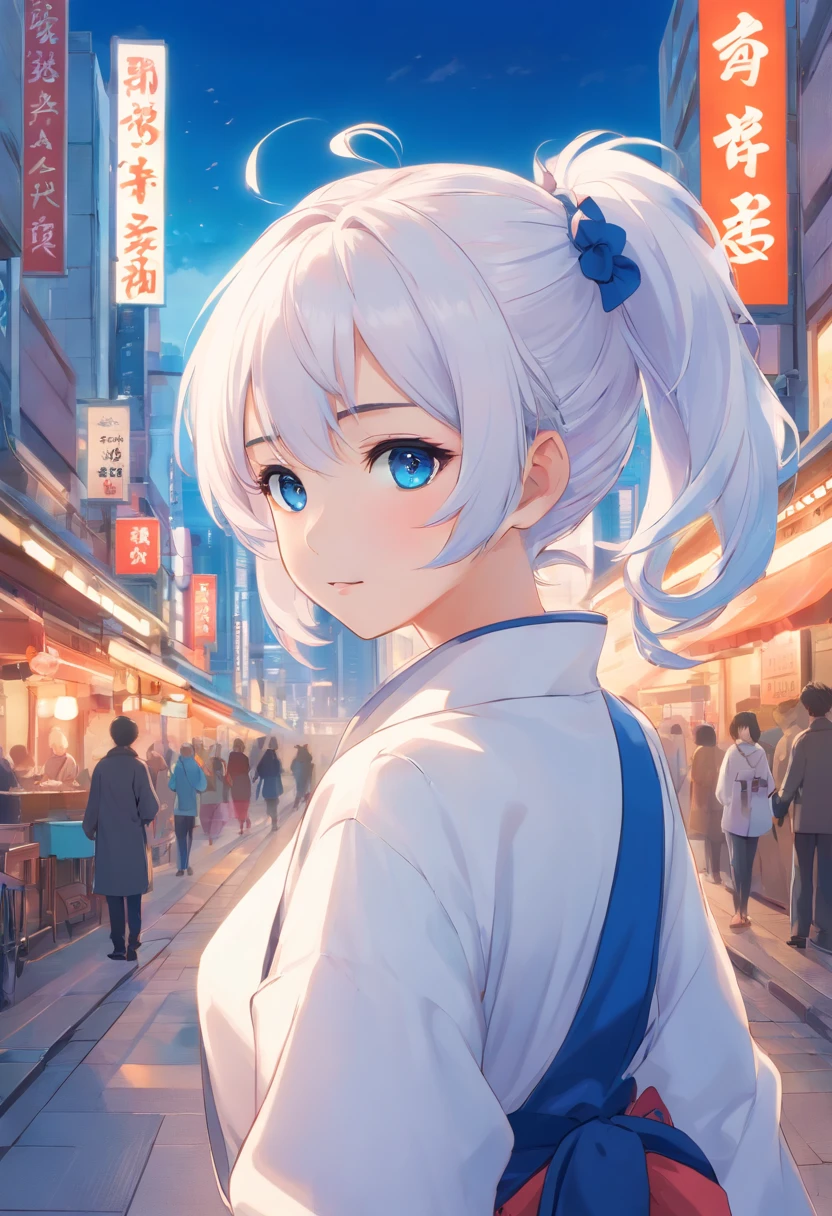 White color hair，Double ponytail curls，blue color eyes，White Lolita，，A bustling city street，Delicate colors，Exquisite 1：1.24，A bustling city in China