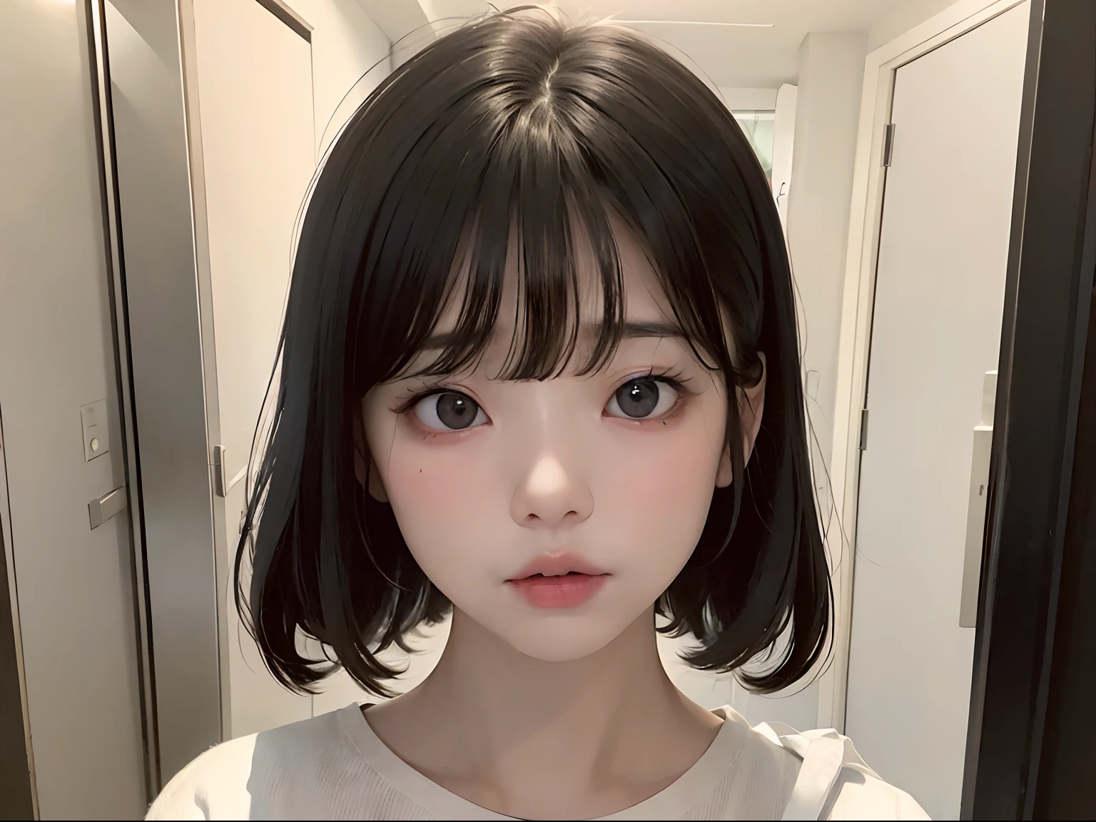 ​masterpiece、best qualtiy、(Dark photograph: 1.3)、Photorealsitic、1girl in、flat bangs、Stunning innocent symmetrical face、The shirt、emotional、Orchan、(pureerosface_v1:0.7)、Peephole at the front door of the apartment