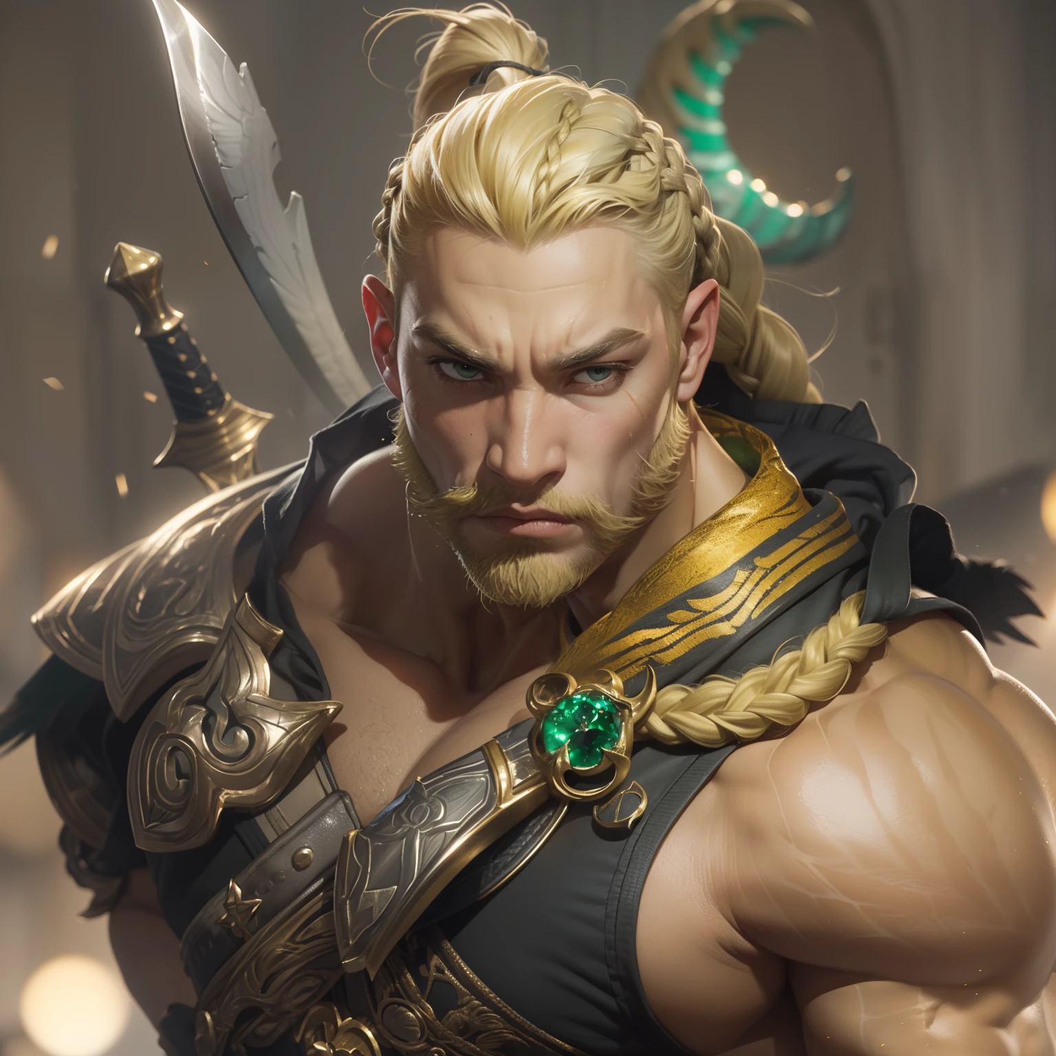Portrait of male fantasy creature, muscular, (yellow skin:1.3), (upward pointing tusks:1.3), (barber blonde hair with single waist-length braid:1.3), (round black eyes:1.2), wearing dove-grey shirt, bronze armor, emerald green bands, wearing belt, holding dagger, dramatic stance, grimacing, bokeh, raytracing, realistic textured skin, particle effects, depth of field