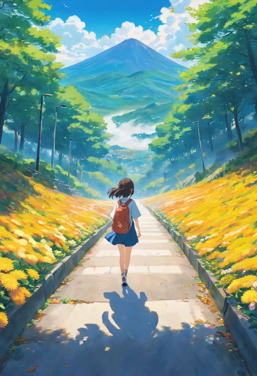 with blue sky and white clouds,Upward winding mountain road,The way up,Cloud fog,No Man,the trees,autumnal,The foreground is a chrysanthemum,chrysanthemums,Yellow chrysanthemum,