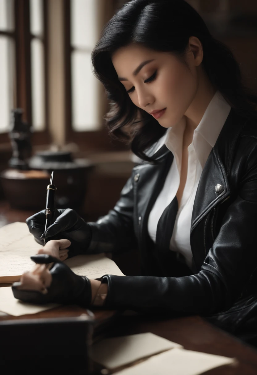 Wearing black leather gloves on both hands, Upper body, Black Leather Riders Jacket, Writing a letter with a fountain pen on a desk, Black hair, Long Straight, Young japanese lady