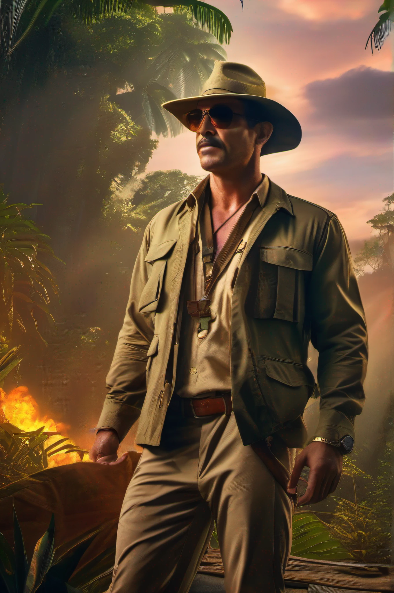 well-dressed boss, Brazilian drug lord, front view, hyperrealism, Amazon rainforest, mercenaries, safari jungle clothes, armed men, forest, dramatic lighting, sunset, high definition, high level of detail, cinema