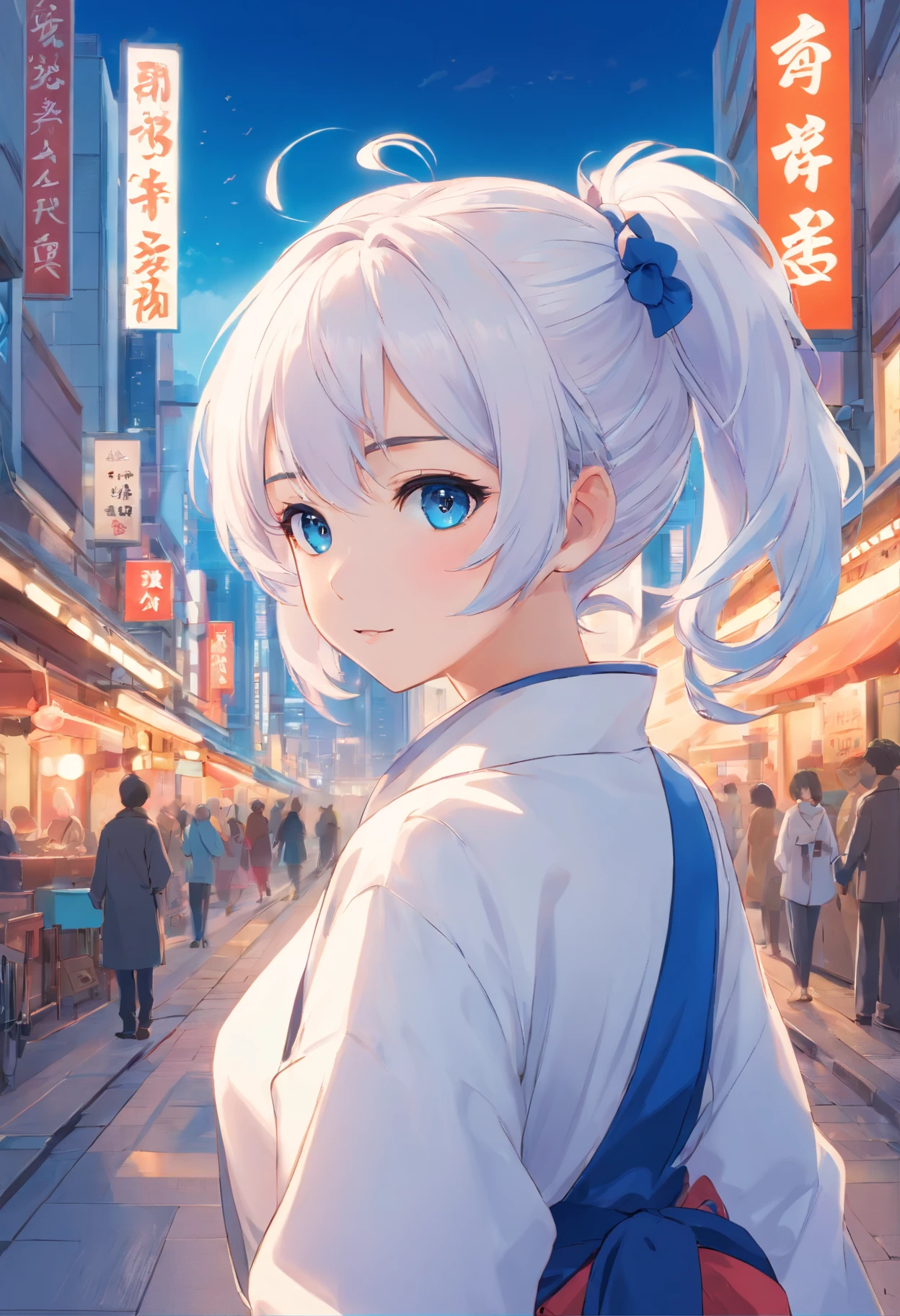 White color hair,Double ponytail curls,blue color eyes,White Lolita,,A bustling city street,Delicate colors,Exquisite 1:1.24,A bustling city in China