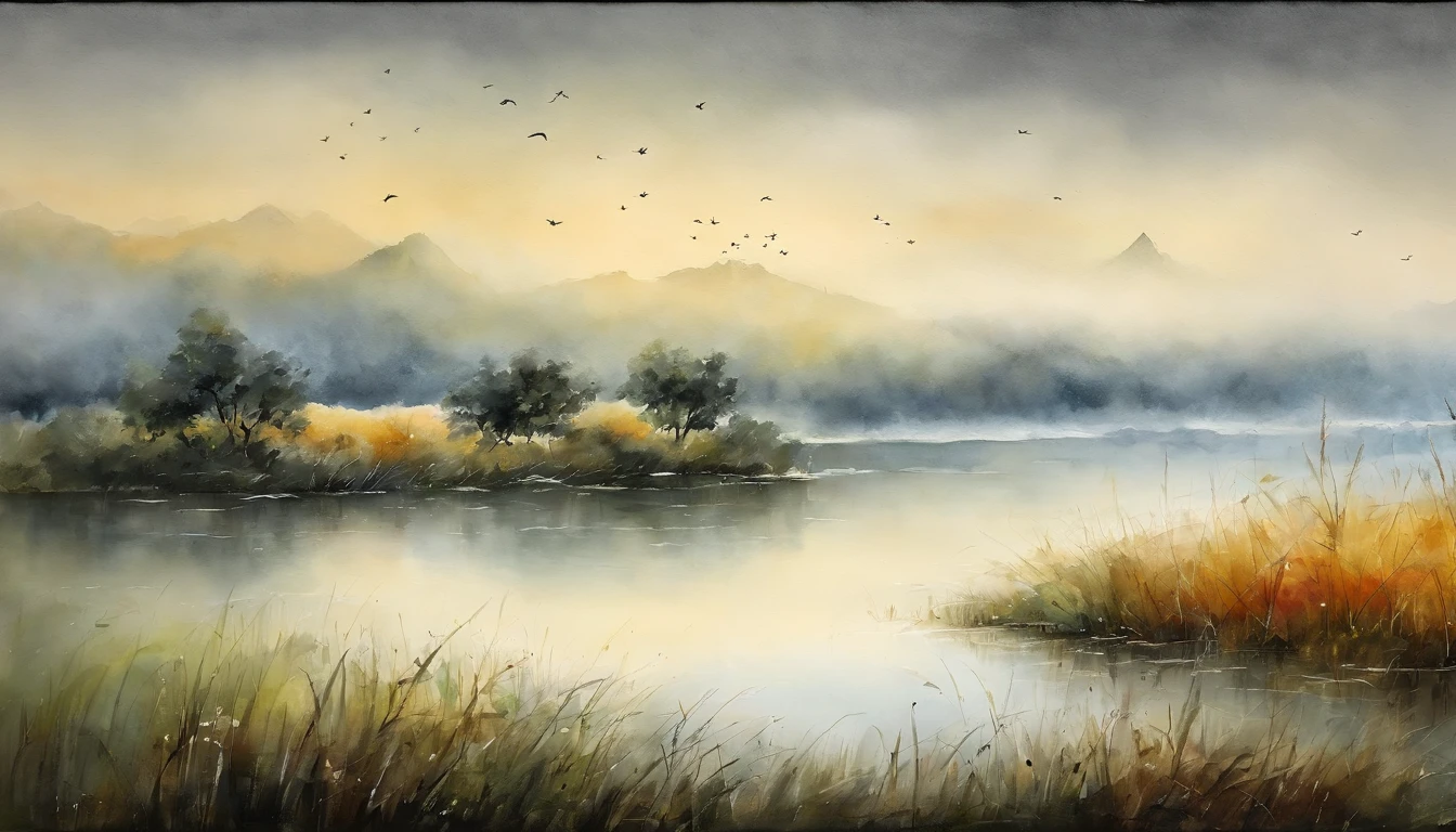masutepiece, View of the large lake, Best Quality, Watercolor Art Style, Night view of Asia, Large lake between pastures, Night view with reflected light, Lake surface, beautiful night scene, ((((Chinese martial arts style)))), Has a wide sky, Surrounding meadows, ink wash style, Contour light, atmospheric atmosphere, depth of fields, Rising Mist, grass field, (color no), monochromes, Light color, Treeless