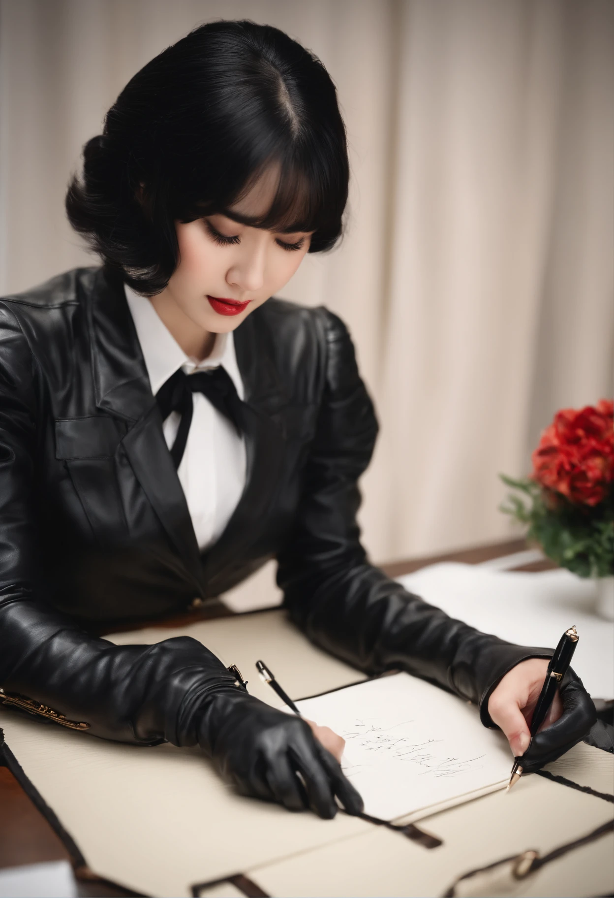 Wearing black leather gloves on both hands, Upper body, Black Leather Riders Jacket, Writing a letter with a fountain pen on a desk, Black hair, Long Straight, Young japanese lady