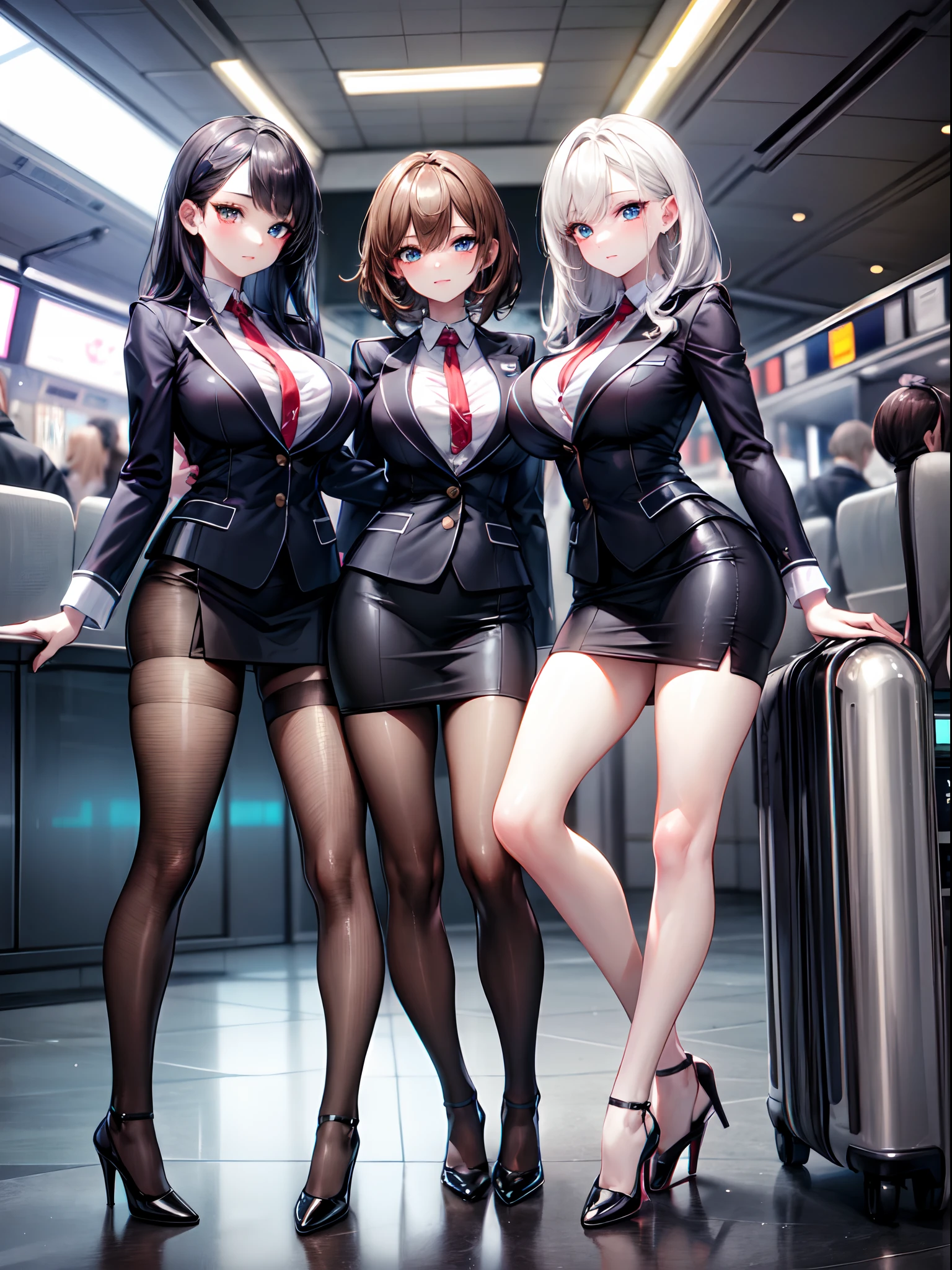 masterpiece, best quality, official art, extremely detailed, perfect hands, perfect eyes, 3girls, flight attendant, different uniforms, tight uniforms, high heels, airport