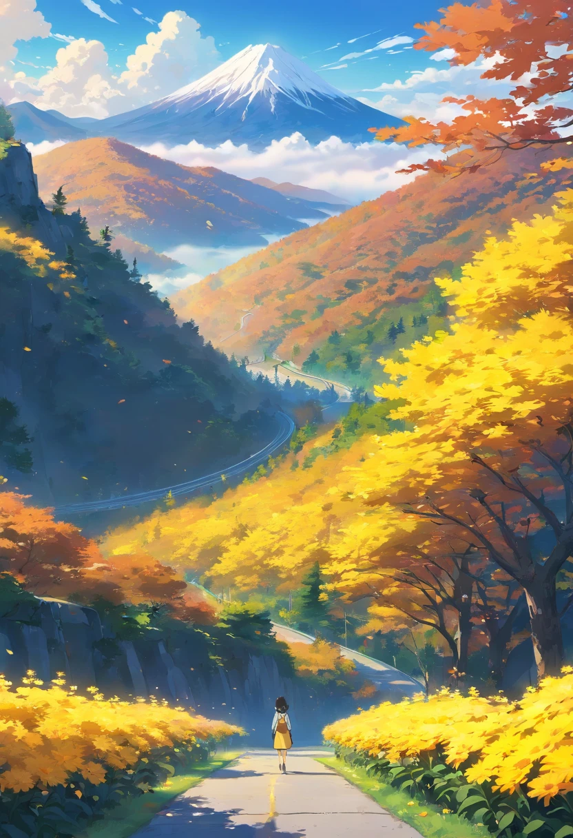 with blue sky and white clouds,Mountains in the distance,Winding mountain road upwards,All the way up,Cloud fog,No Man,There are no characters,the trees,autumnal,The foreground is a chrysanthemum,chrysanthemums,Yellow chrysanthemum,