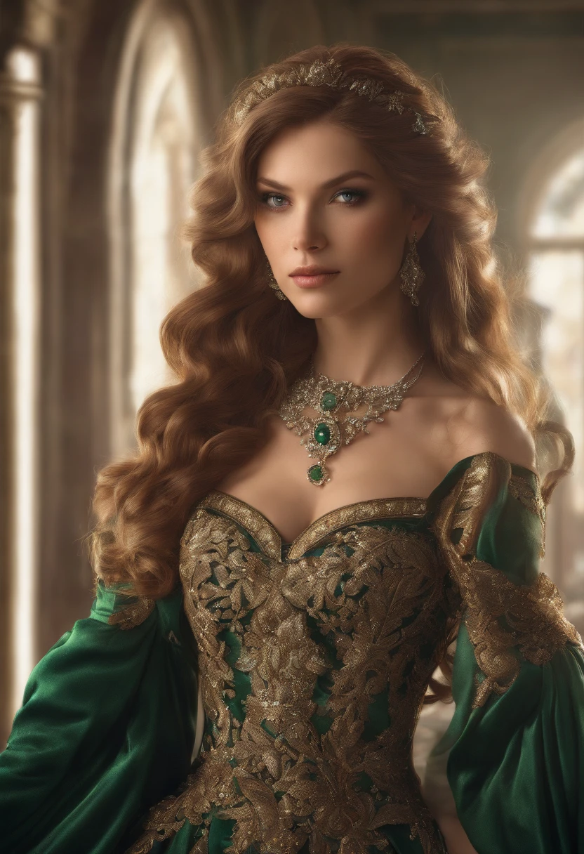 A stunning fashion portrait of a 25-year-old woman with long, flowing chestnut hair and piercing emerald eyes. Her fair complexion is flawlessly highlighted in ultra-realistic detail. She dons an elegant black evening gown with intricate lace details, her silhouette illuminated by soft candlelight in a grand ballroom setting. The shot captures her grace and sophistication, showcasing her as a timeless beauty. The composition pays homage to classical art, with symmetrical framing and rich, opulent colors.