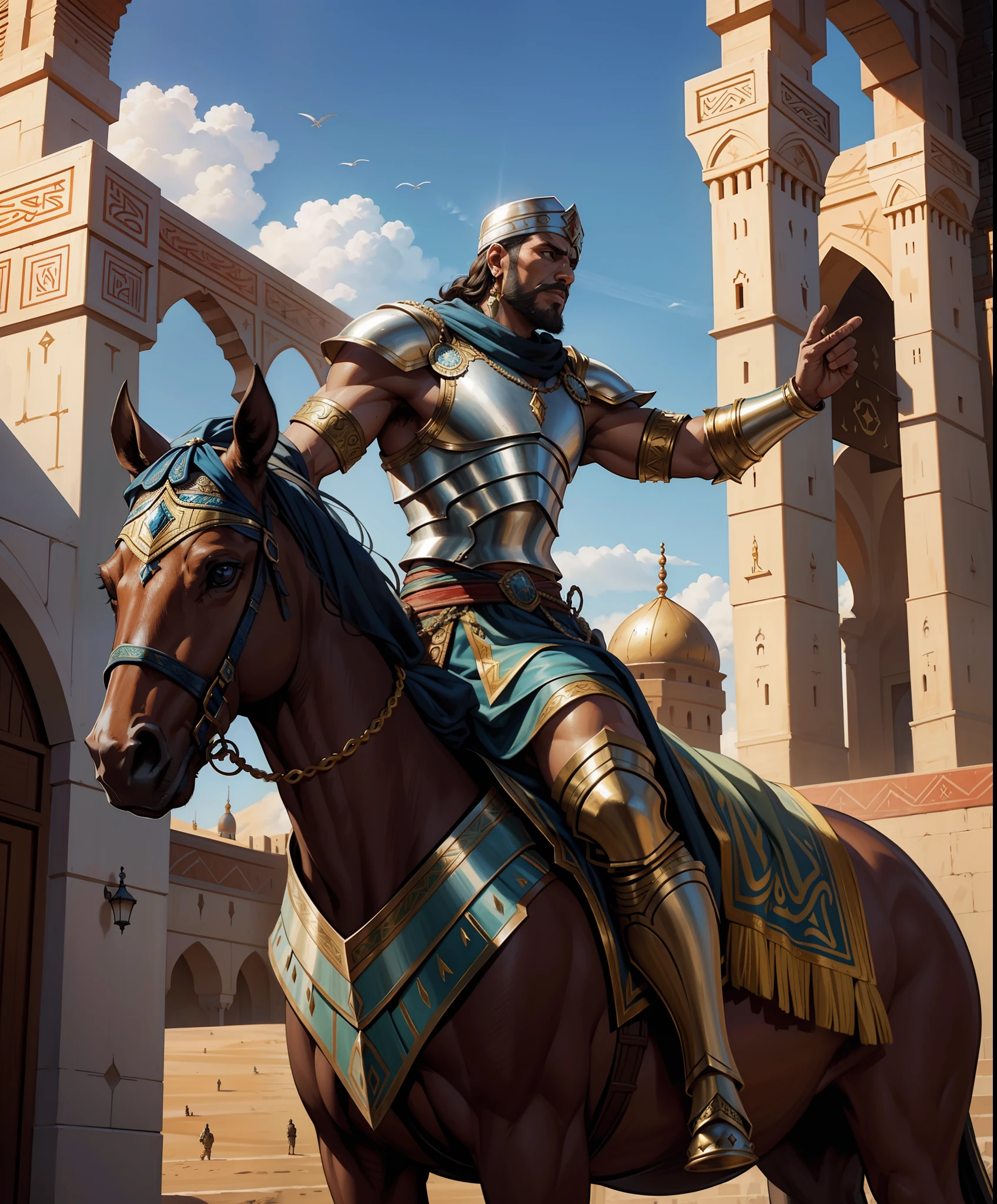 Moroccan warrior muscular wearing full islamic Armor Wear in moroccan environnement islamique architecture environnement hyper realistic super detailed Dynamic shot master piece scene cinématique scènes movie Epic Legendary war