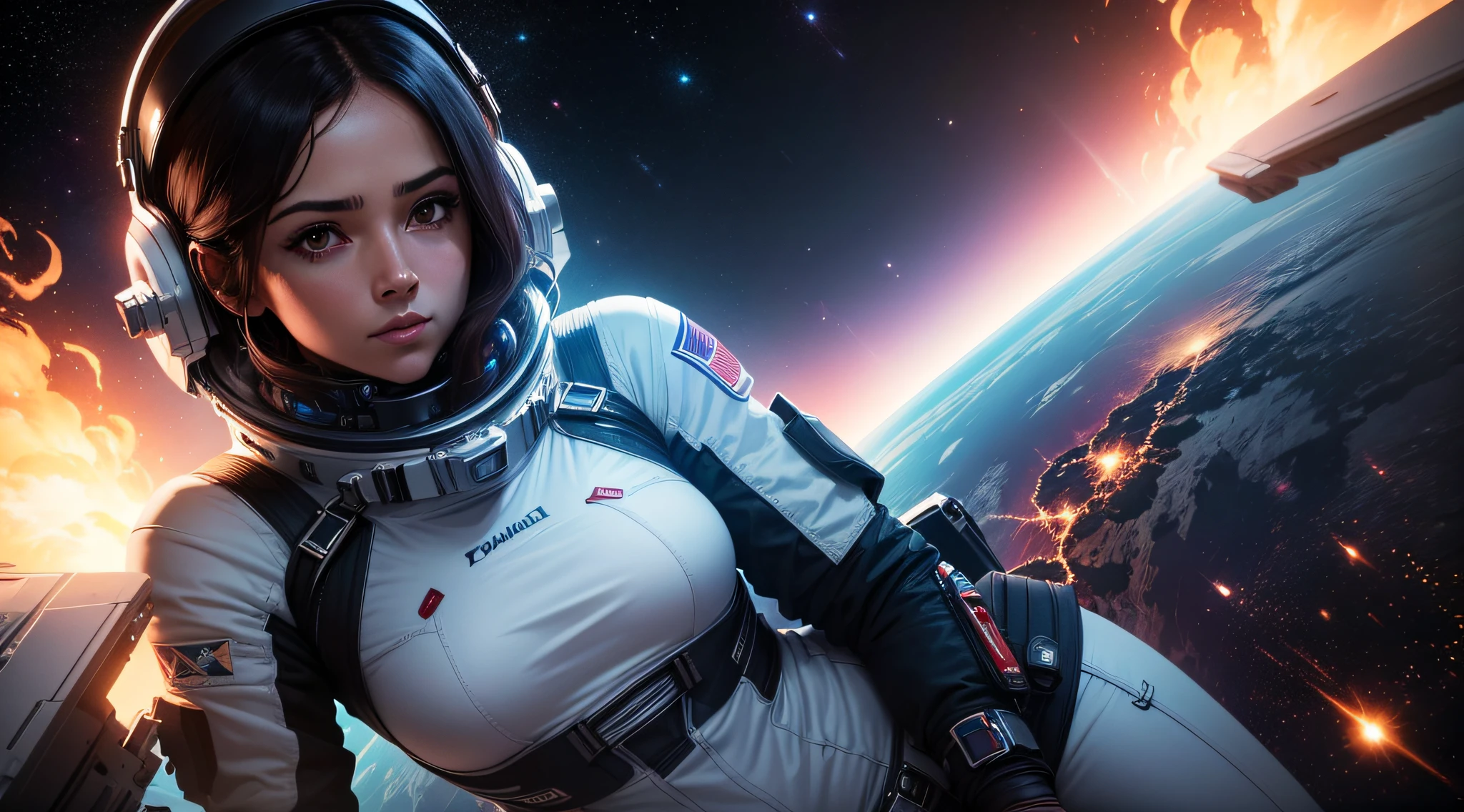 Image of a woman in space, em 8k, muito detalhado, muito colorido, The black of space and cinatographic ilimination in the character