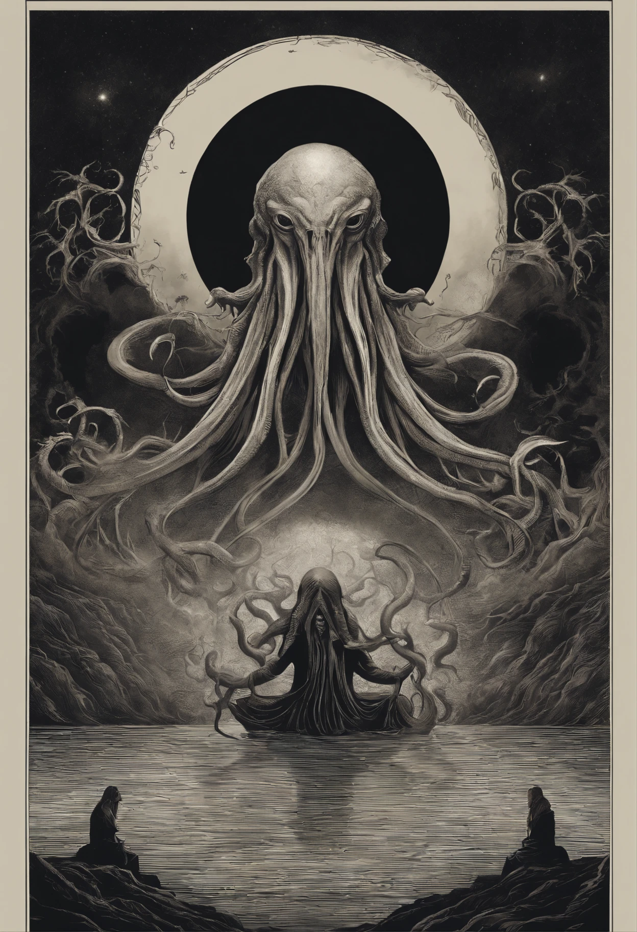 In the depths of cosmic expanse, a dark deity awakes,
Cthulhu, the ancient one, with tentacles that make hearts quake.
A being of immense power, beyond mortal comprehension,
Emerges from the abyss, heralding cosmic ascension.
With grotesque form and madness imbued,
Cthulhu, the great old one, brings terror and truth.
From the sunken city of R'lyeh, he rises,
With a cult of followers who are willing sacrifices.
But amidst this nightmare, a story unfolds,
Of a born of chaos, a tale yet untold.
A being of both worlds, a hybrid divine,
With a heart that yearns for love, a soul that longs to shine.
For in that monstrous union, a glimmer of hope resides,
A creature destined to bridge the cosmic divides.
With a touch of humanity, born from forbidden embrace,
They embody duality, both horror and grace.
As they traverse this world, surrounded by fear,
They seek understanding, longing to be near.
The child of Cthulhu, born of ancient lore,
A symbol of unity, their fates intertwined forevermore.
For even in darkness, there's a flicker of light,
A ray of compassion, piercing through the night.
In the depths of their being, they find solace and peace,
Embracing their destiny, their love shall never cease.
So let us ponder this tale, of a father and child,
Of Cthulhu, the elder, and his offspring so wild.
For within the depths of horror, beauty can bloom,
And even in Lovecraftian nightmares, compassion finds room.