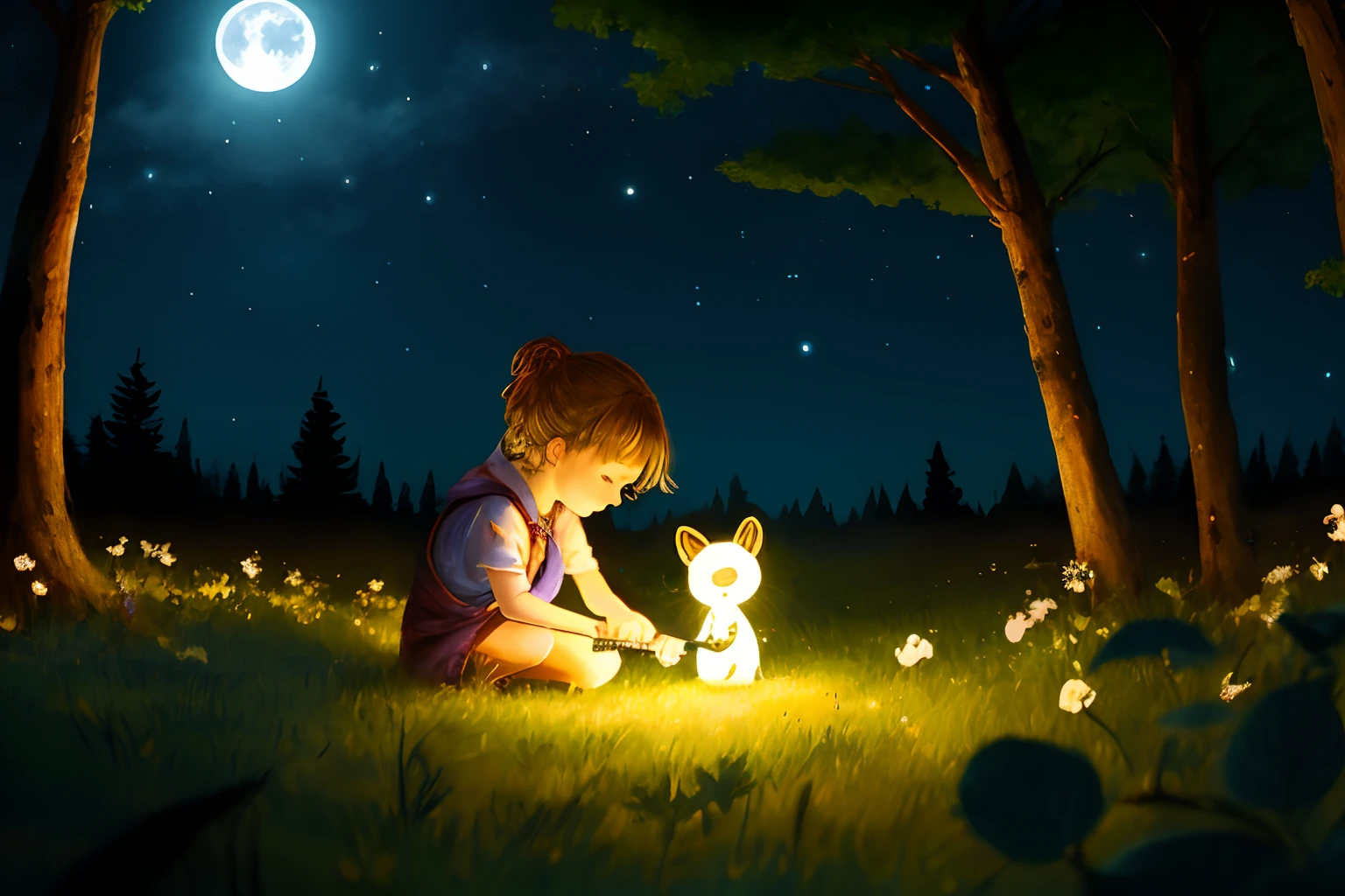 In a moonlit forest, a tiny firefly named Luna glowed with determination
