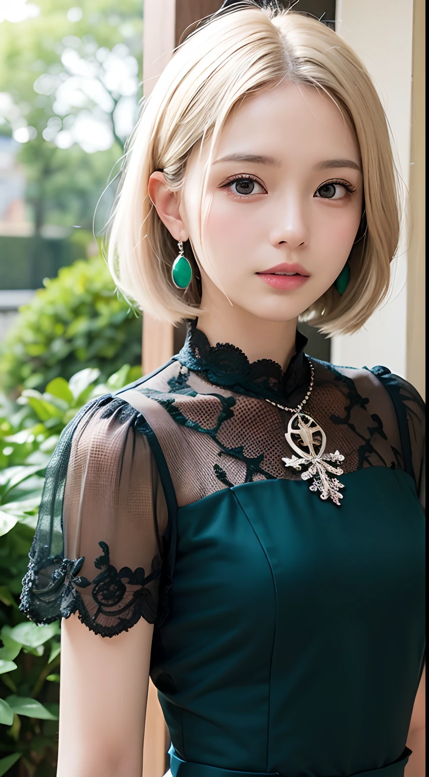 (masutepiece, Best Quality:1.5), Night, Dark theme, (Platinum Hair, Upper body, Looking at Viewer, Dark green dress:1.3), candid posing, earrings, Necklace, (violaceaess, gardeniass, Delicate girl, 8K, 85mm Portrait, Official art, Raw photo, absurderes, Short sleeve, Cinch West:0.8), Sophisticated, (face lights, clear lighting, Sharp Focus:0.8), redish pink lips, Bokeh background, Eyes and faces with detailed, Close up face