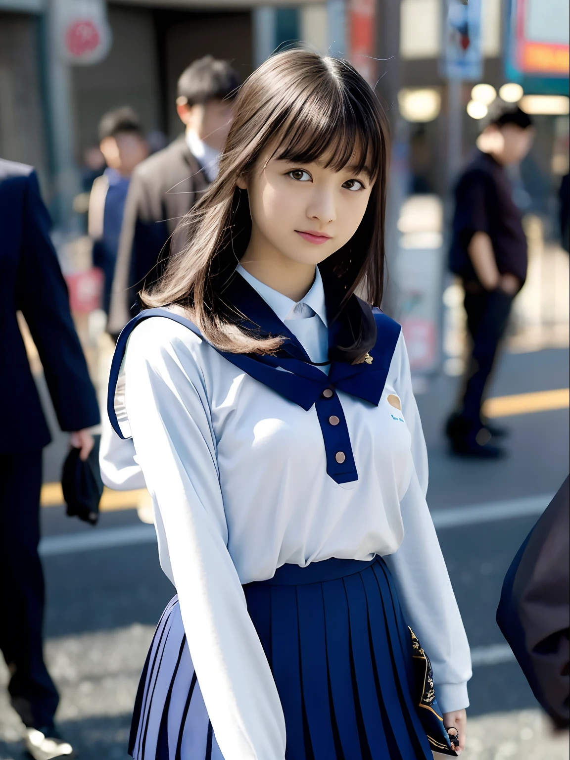 Ultra top quality, masterpiece, ultra high resolution, (photorealistic: 1.4), highly detailed CG Unity 8k wallpaper, detailed and complex, original, high resolution, raw photo, (perfect figure), fine and complex, DSLR, soft lighting, high quality, film grain, Leica camera, 50mm lens, backlight, HDR, hyperrealistic, color grade, dynamic pose, portrait, Japan person, smile, lips, bangs, (crowded akihabara: 1.2), front view viewer, natural light, girl, 20 years old, full body, solo, student, junior high school, uniform, sailor color, bobby socks, pleated skirt, daytime, on the street, deep shadow, cute, beauty, discreet, cold light 12000K \ Street, store status, Akihabara, Shinjuku, Shibuya, Ikebukuro