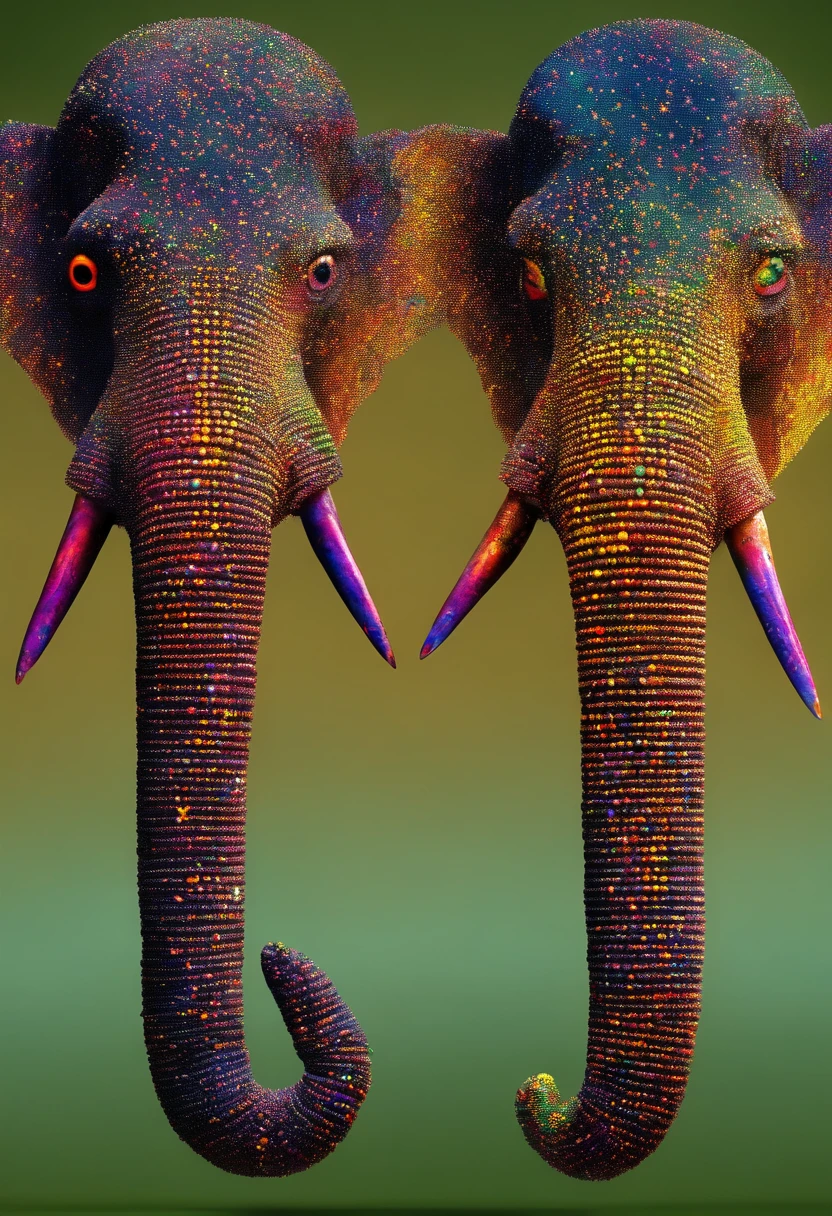 Absurdo, high resolution, ultra-detalhado, (1 ELEFANTE:1. 2), Dot painting technique, sombras pontilhadas, detalhes intrincados, Pequenos pontos, Efeitos de textura, gradientes sutis, artesanato fascinante, fotografia infravermelha, tons sobrenaturais, paisagens surreais, invisible light, ethereal glow, vivid colors, efeitos fantasmas