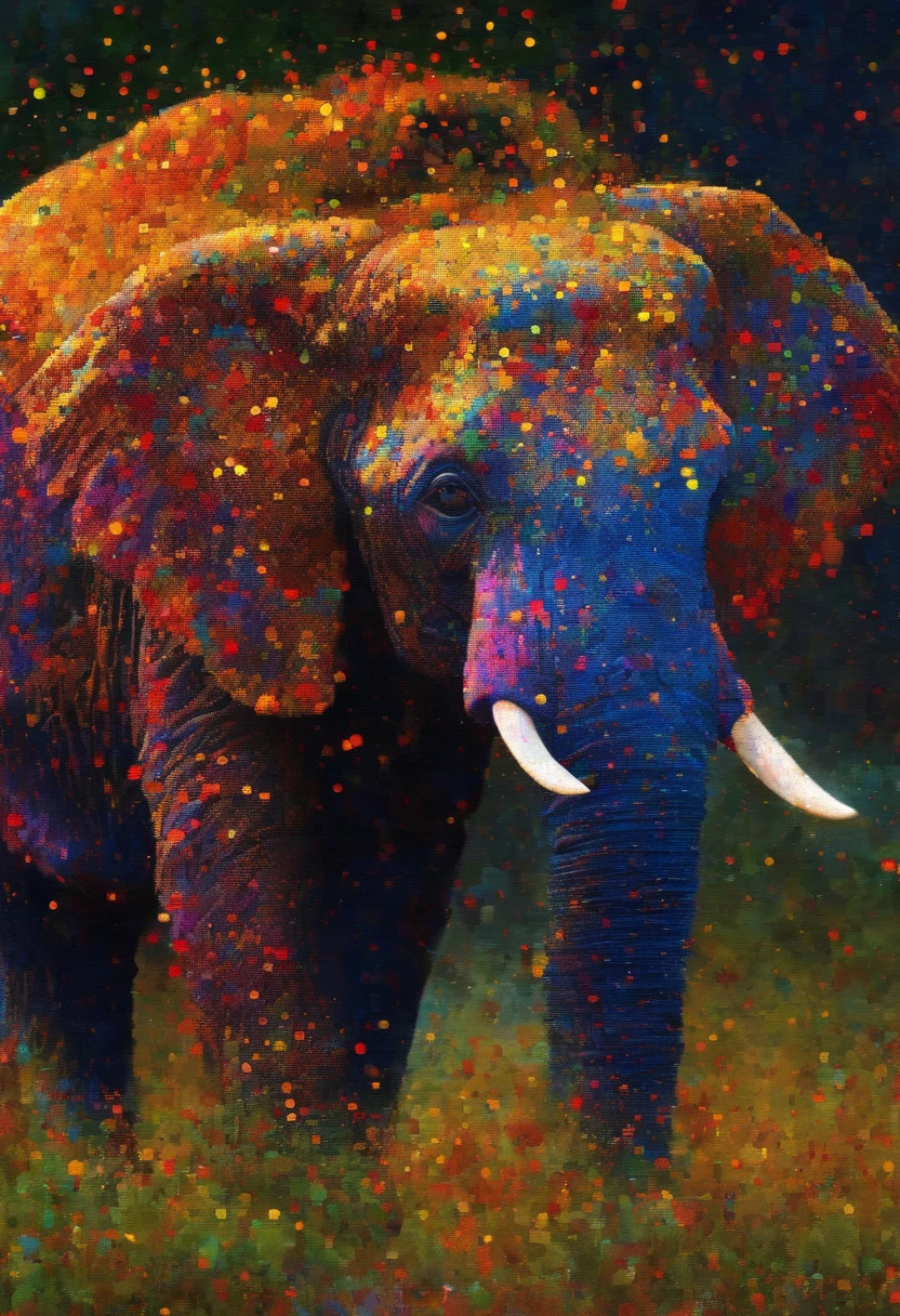 Absurdo, high resolution, ultra-detalhado, (1 ELEFANTE:1. 2), Dot painting technique, sombras pontilhadas, detalhes intrincados, Pequenos pontos, Efeitos de textura, gradientes sutis, artesanato fascinante, fotografia infravermelha, tons sobrenaturais, paisagens surreais, invisible light, ethereal glow, vivid colors, efeitos fantasmas