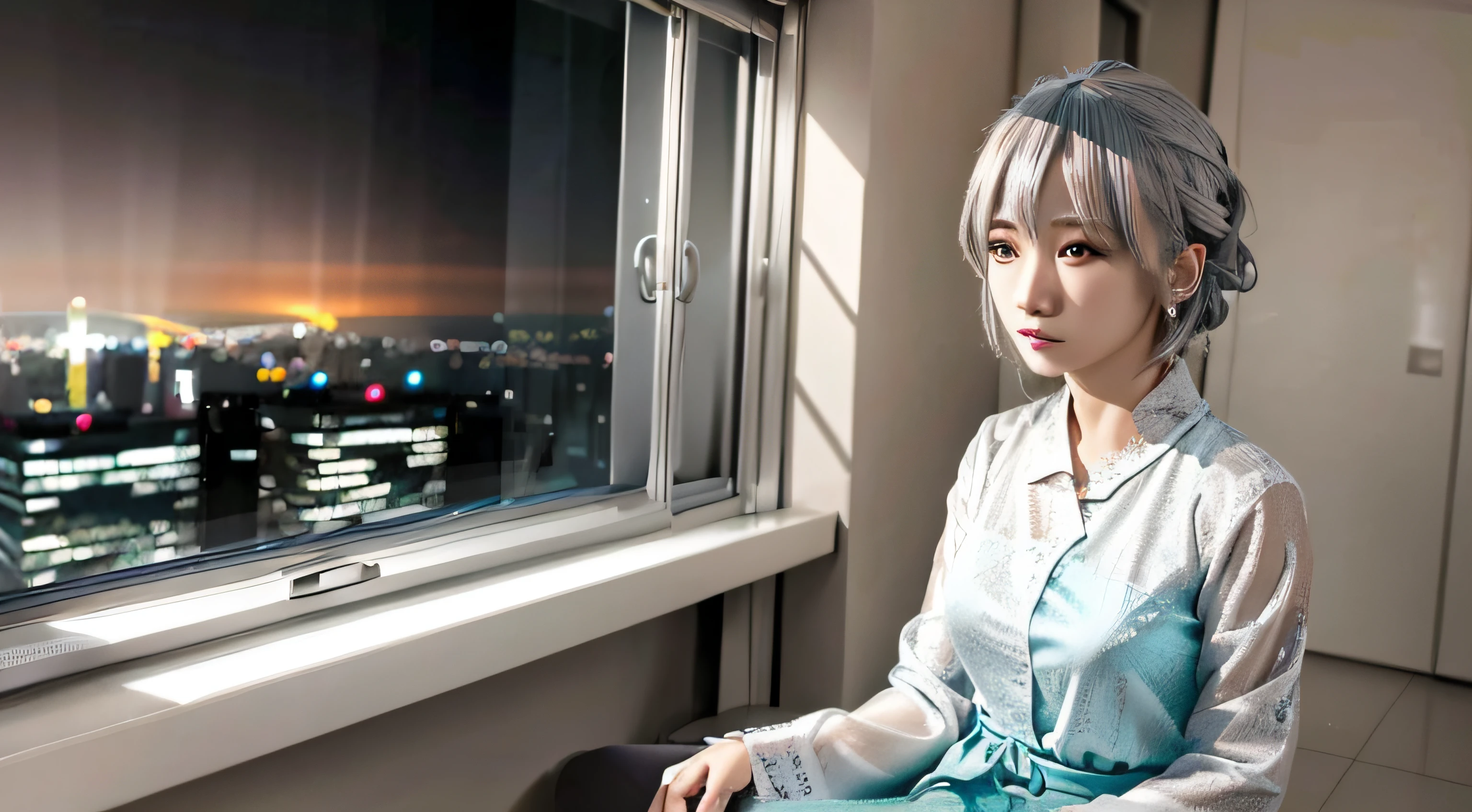 1womanl、(masutepiece), Best Quality, cyan eyes, Light gray hair, Expressive eyes, Khorhaya, Sitting in a room in a high-rise apartment, nigh sky, city landscape, Looking at Viewer, City lights, window, Highlight, dramatic lights, Calm face,