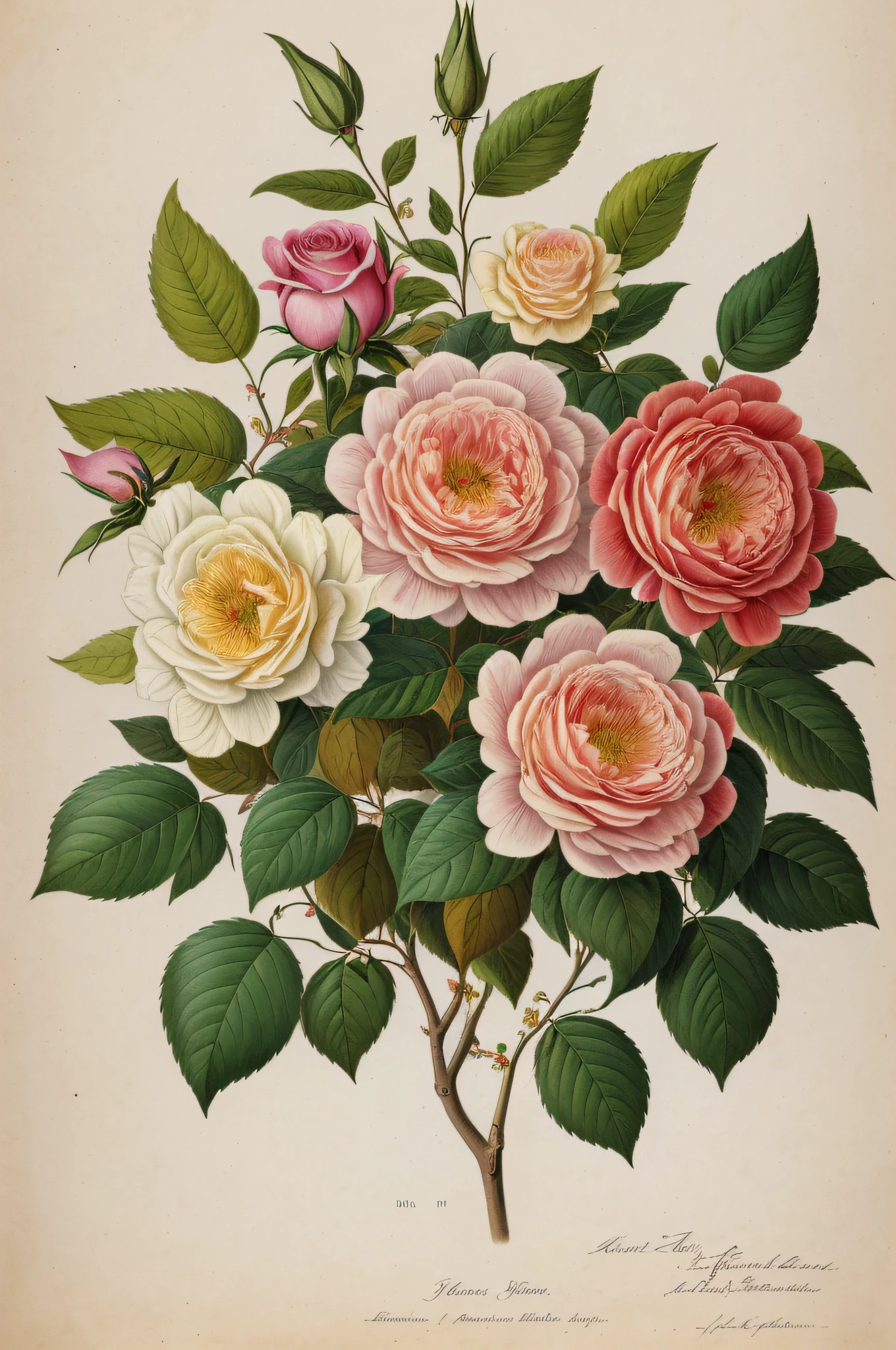(best quality:1.2), (detailed:1.2), (masterpiece:1.2), vintage botanical illustrations of Larger Provence Rose (1770 1775) in high resolution by John Edwards
