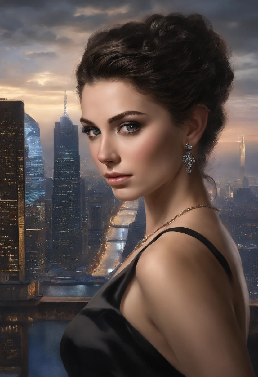 A striking portrait of a confident, young woman in a sleek black evening gown. Her rich chocolate-brown hair cascades down her back, while her piercing blue eyes captivate the viewer. The scene is set against a backdrop of a glamorous city skyline at twilight, with twinkling lights adding a touch of sophistication. The focus is on her flawless complexion and intense gaze, capturing the essence of elegance and allure.