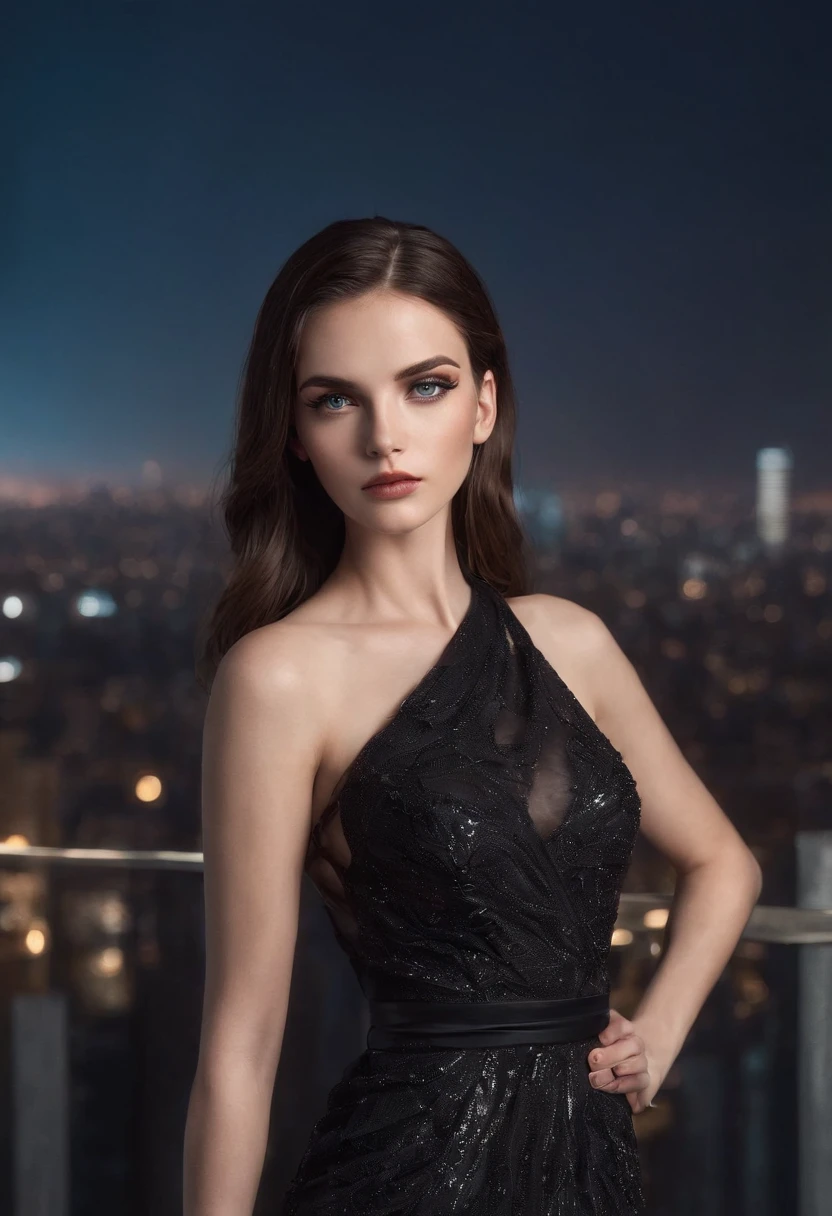 A striking portrait of a confident, young woman in a sleek black evening gown. Her rich chocolate-brown hair cascades down her back, while her piercing blue eyes captivate the viewer. The scene is set against a backdrop of a glamorous city skyline at twilight, with twinkling lights adding a touch of sophistication. The focus is on her flawless complexion and intense gaze, capturing the essence of elegance and allure.
