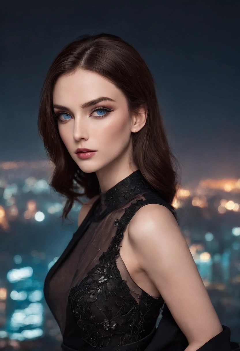 A striking portrait of a confident, young woman in a sleek black evening gown. Her rich chocolate-brown hair cascades down her back, while her piercing blue eyes captivate the viewer. The scene is set against a backdrop of a glamorous city skyline at twilight, with twinkling lights adding a touch of sophistication. The focus is on her flawless complexion and intense gaze, capturing the essence of elegance and allure.