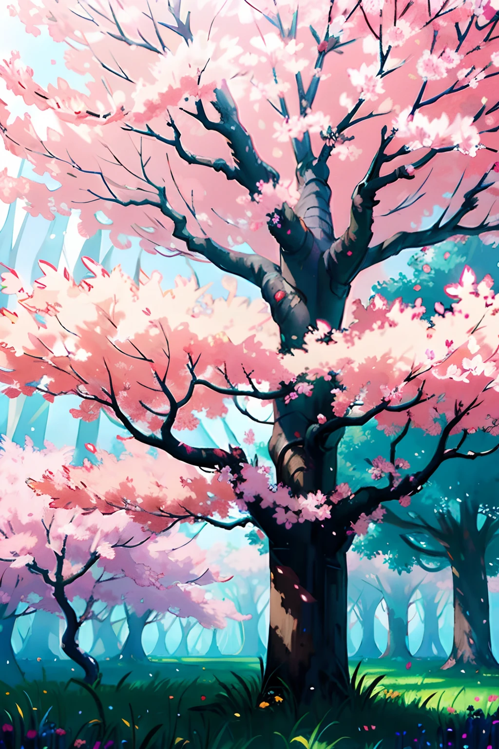 colorful environment, one large cherry tree with a big shadow and fog in the middle, magical, highly detailed, 8k,