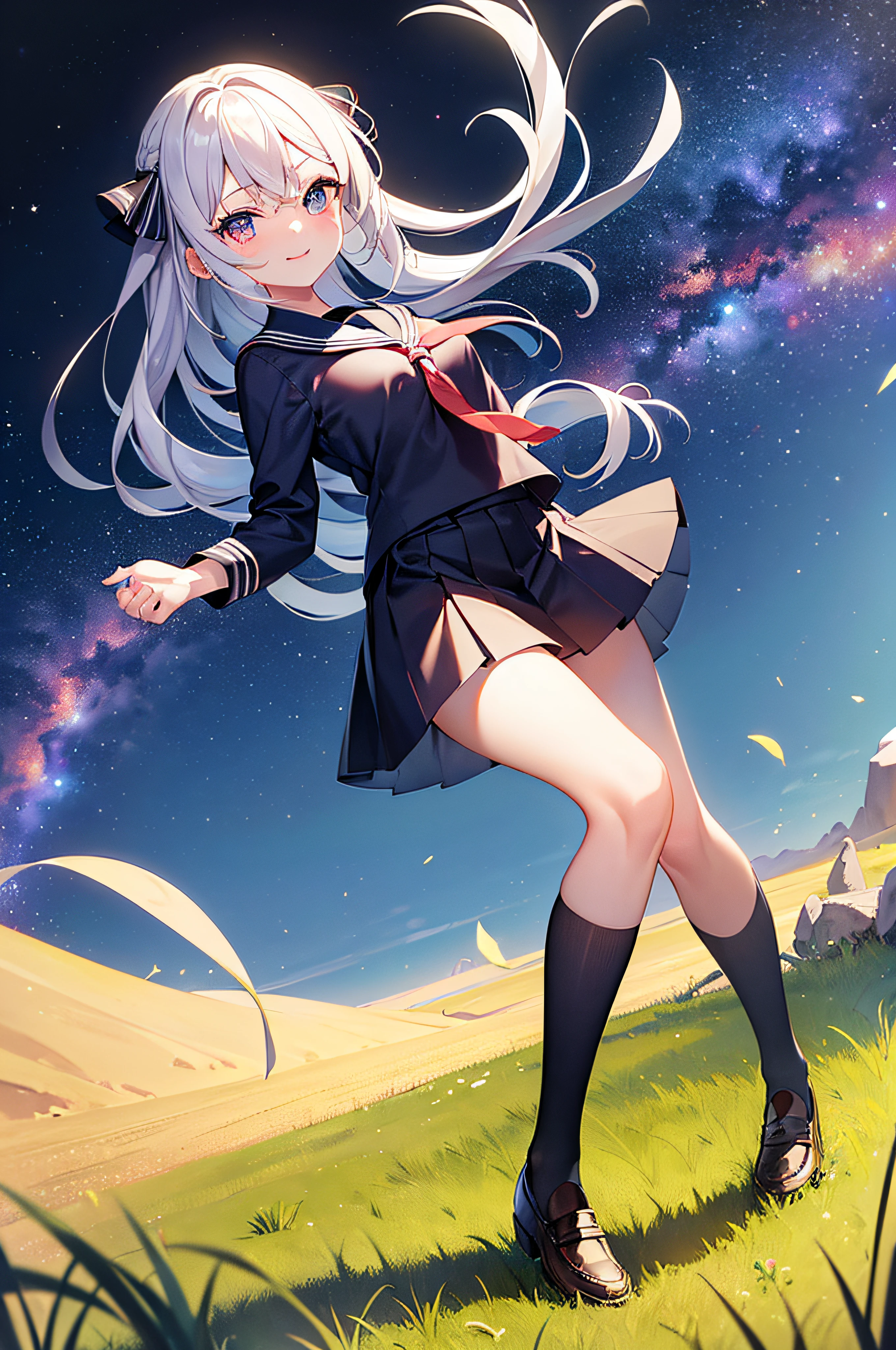 (masterpiece), best quality, expressive eyes, perfect face, 1girl, seifuku, female, miniskirt, random color hair, long hair, seductive smile, random eye color, loafers, in a grass field, cosmos sky background, galaxy sky background, stockings, medium_breast