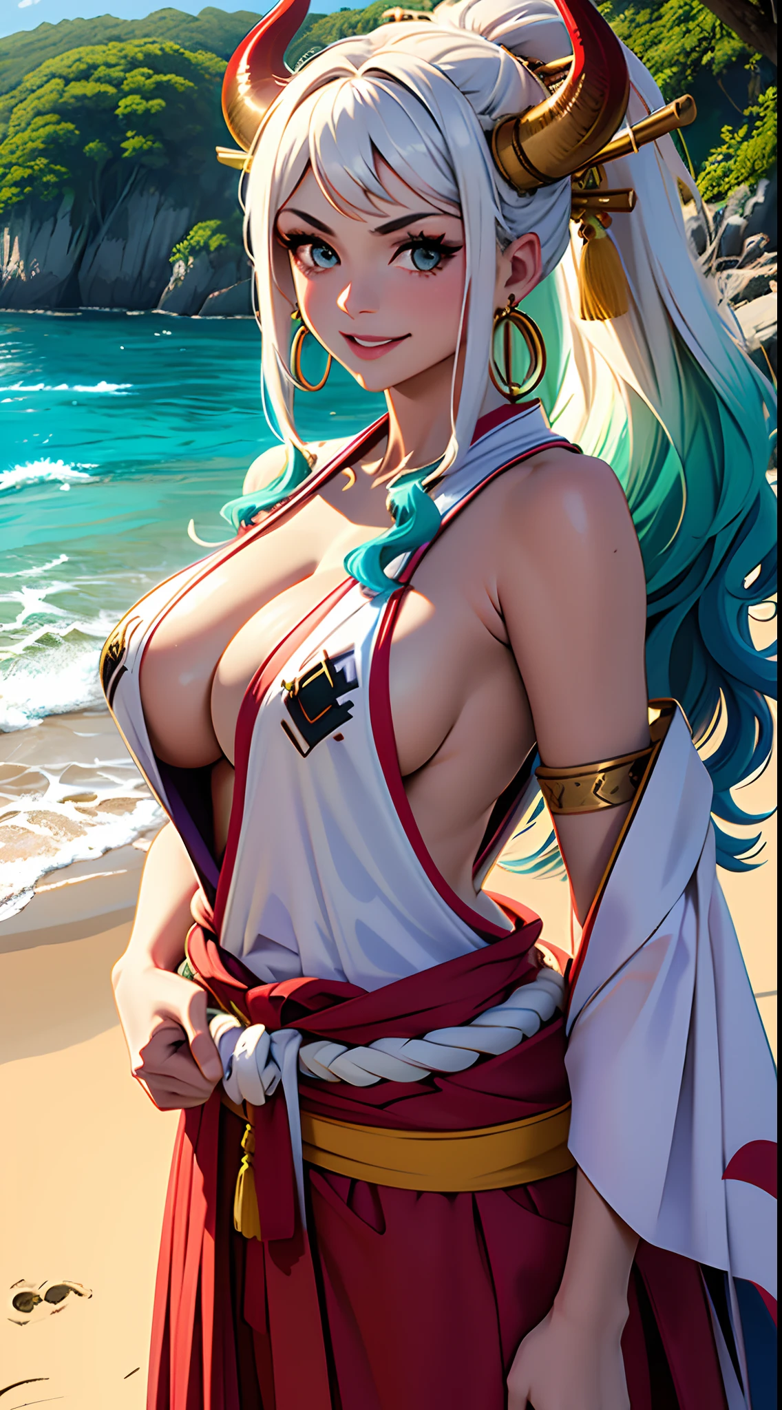 Masterpiece, ((Ultra detailed backgrounds, Delicate pattern, Intricate High Details)), (highly  detailed, finedetail), Best quality,Beautiful lighting, (((mediuml breasts, lean girl, Very thin girl))), (cow boy shot),  Yamato V2, Long hair, 1girll, banya, whaite hair, Tik, their, Red horns, Spiral horn, hair adornments, (multicolored horns), jewely, Earrings, Japanese clothes, komono, hair stick, Sleeveless, Bare shoulders, aqua hair, side locks, hoop earings, hakama, ssmile, Hefty Smile, beachside，the sea，the trees
