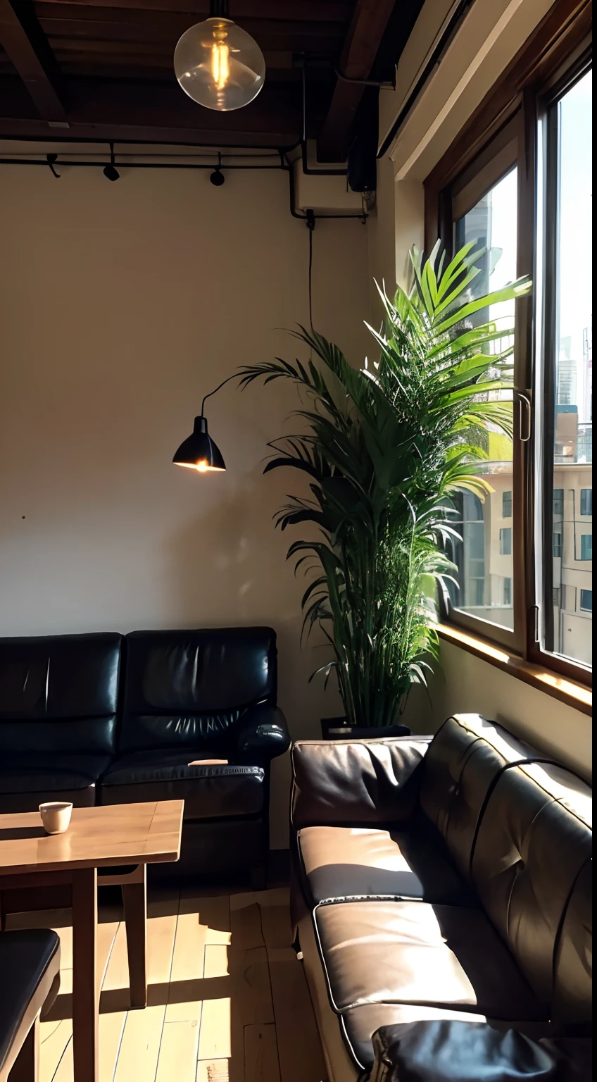 masterpiece, best quality,no humans, interior scene, couch, window, scenery, table, indoors, lamp, cup, building, cityscape, plant, restaurant, city, potted plant, wooden floor, chair, pillow, day