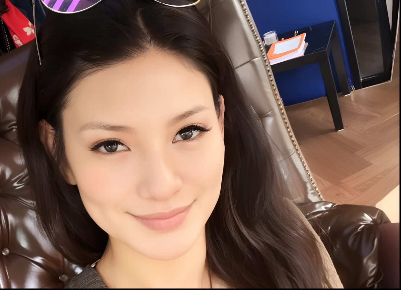 smiling woman with glasses on her head sitting in a chair, gemma chan beautiful girl, 30-year-old french woman, gemma chan girl portrait, gemma chan, 3 2 - year - old, 30 years old woman, 3 0 years old woman, 3 8 - year - old, without makeup, leaked photo, chilled out smirk on face