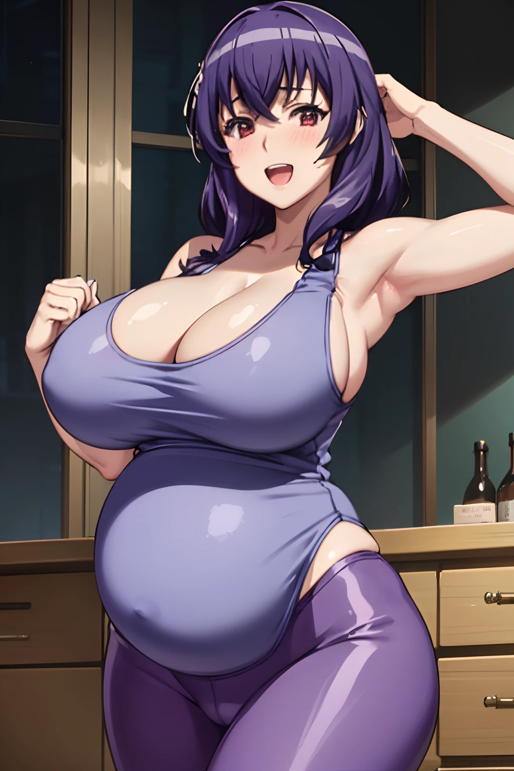 huge breasts, upper body, masterpiece,8k, best quality, good hands, wide hips,good eyes, 1girl, solo, style,parody, high detail hair, maximum detail, intricate detail, extremely clear,ray tracing,,smile, shy, blush, embaressed,yamanobe tomo purple hair red eyes medium hair huge breasts, mature female,wholesome,highschoolofthedeadstyle,(((lavender tank top))), working out,yoga pants,stunning gradient colors, cupping breasts, open mouth smile, insanely detailed, ((masterpiece)), pregnant