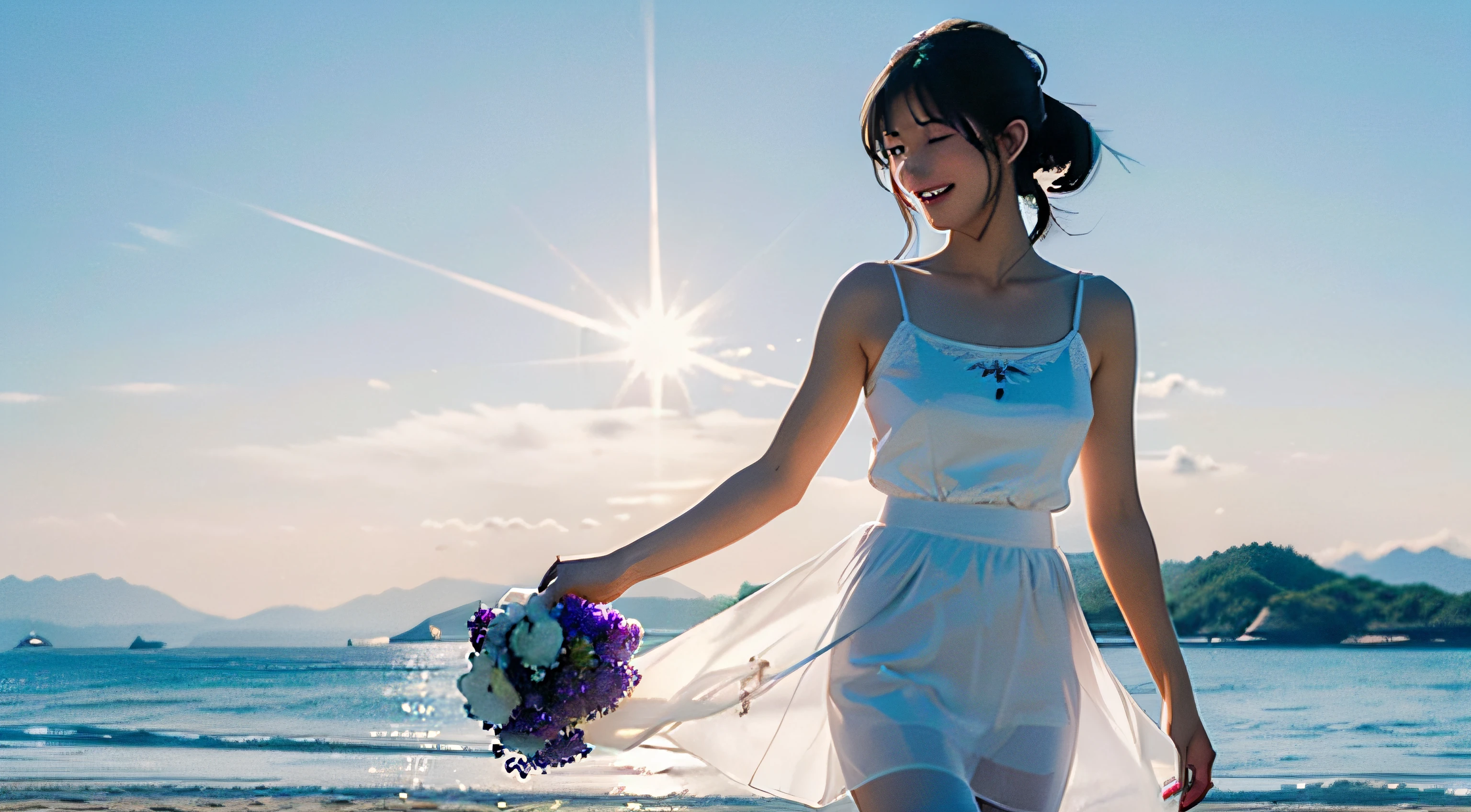 (masutepiece), (Best Quality), (Ultra-detailed),(Best Shadow:0.4), (Best Illustration), (extremely delicate and beautiful), Photorealistic, Dramatic Lighting, finely detail, 1girl in, Solo, (Shioi:1.5), (shioichan:1.5), L word, Radiant Beach, Detailed scenery, Blue sky, white clouds, Sunlight, Diffraction spikes, Walking, (White camisole:1.22), White skirt, (finely detailed iris), Smile, :D, Short ponytail, (tanline:1.3), foot out of frame, holding flower bouquet, Holding, dark brown eyes